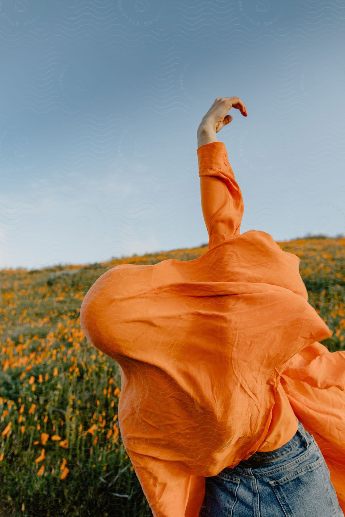 Person standing outdoors in front of a field of flowers with an orange shirt hiding their face