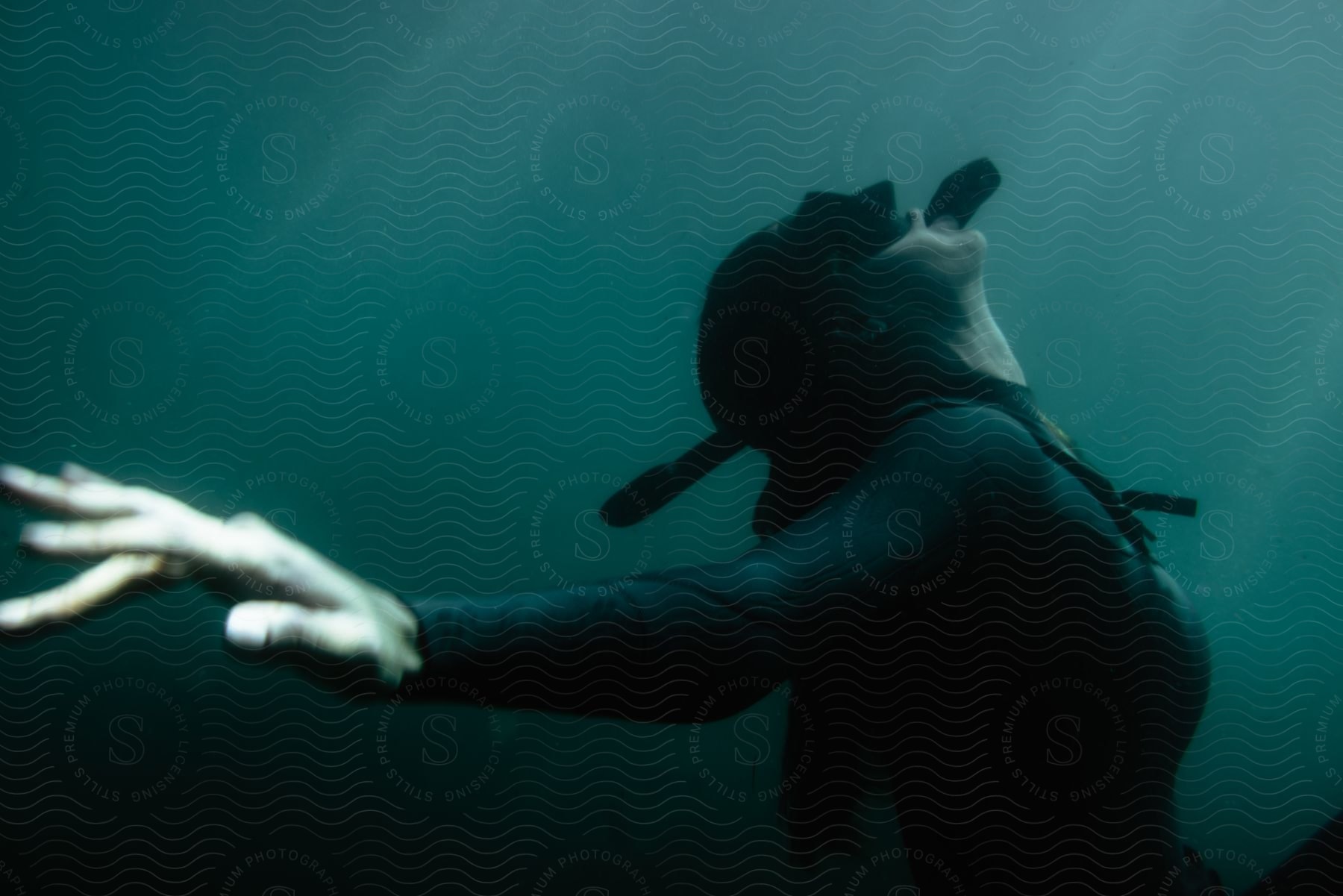 Woman underwater with a diving suit head tilted up