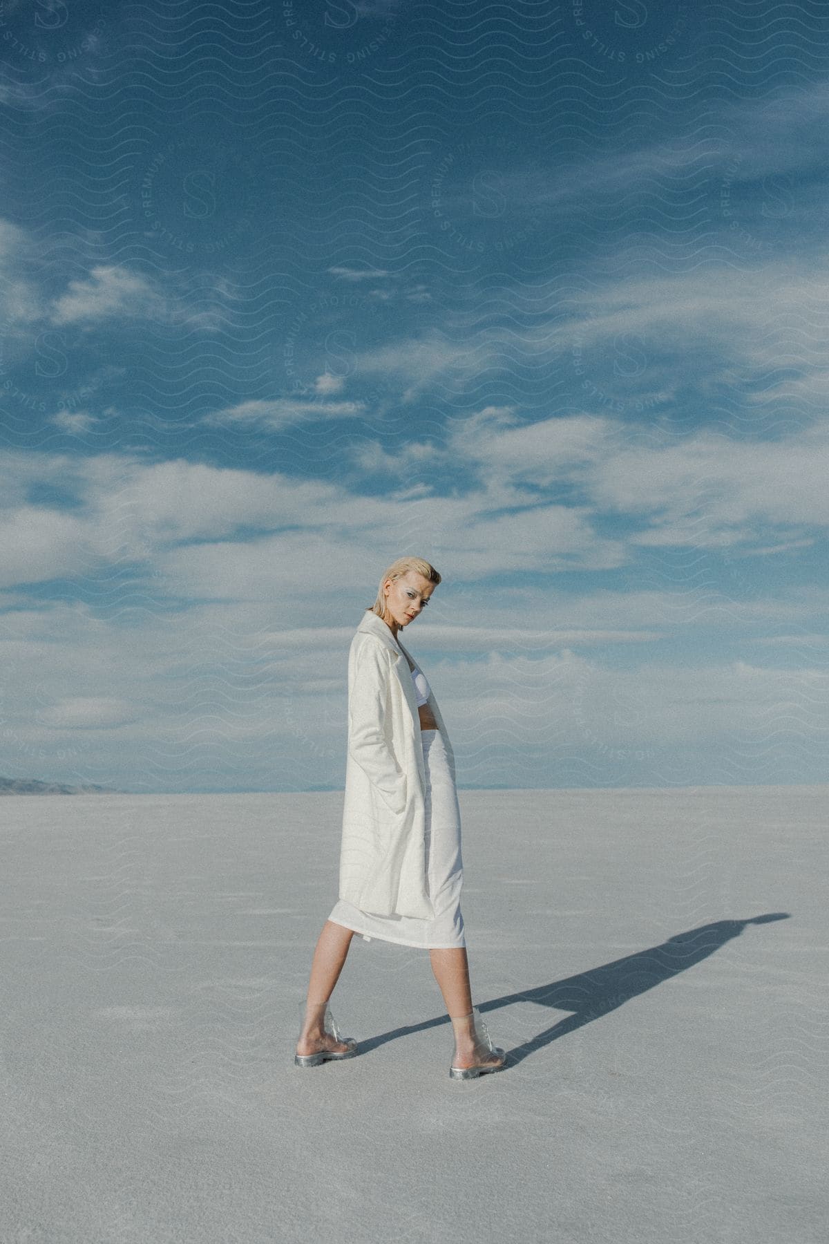 A woman standing in an open landscape during midday