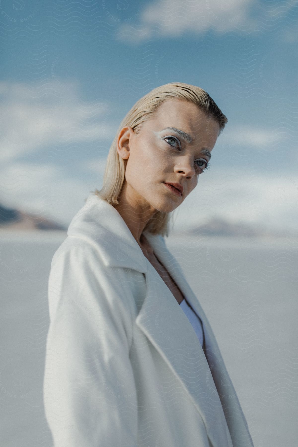 A woman standing outdoors displaying a neutral expression