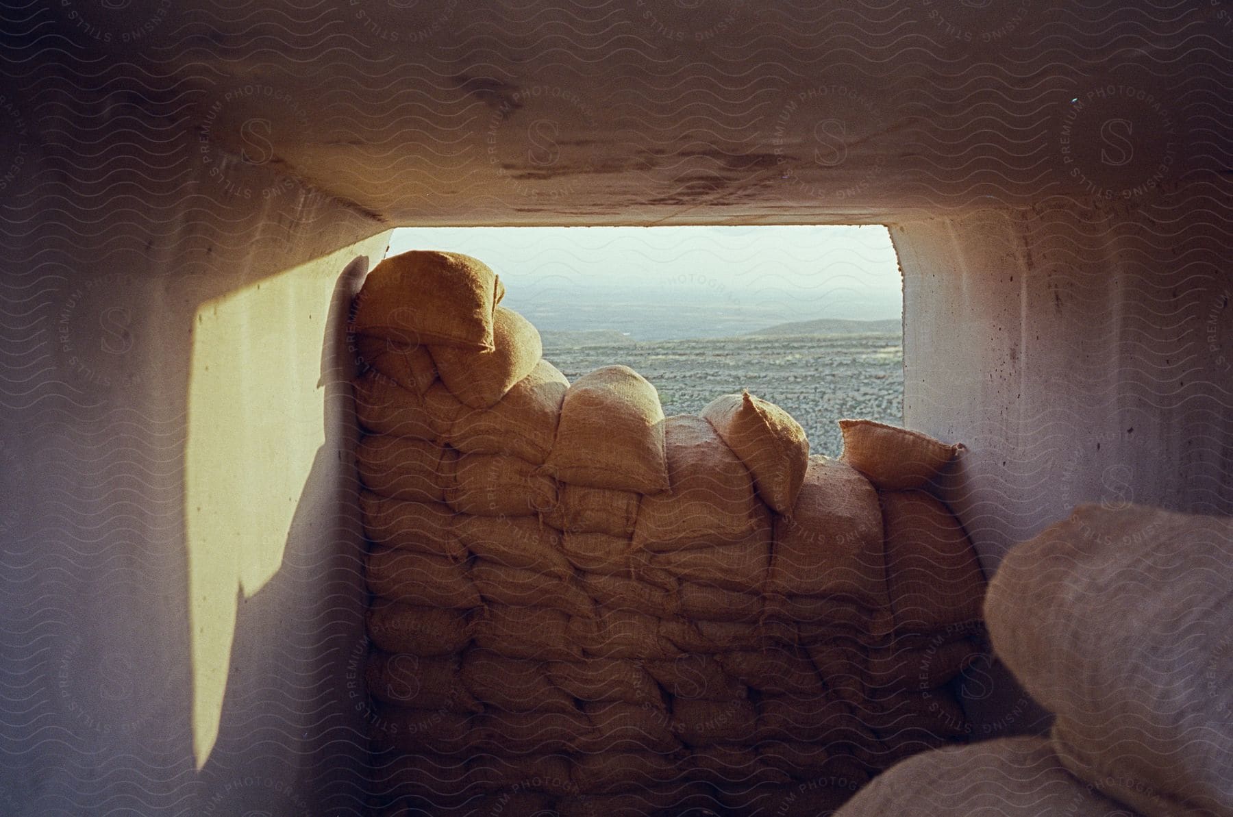 Bags of grain in a vehicle near a field