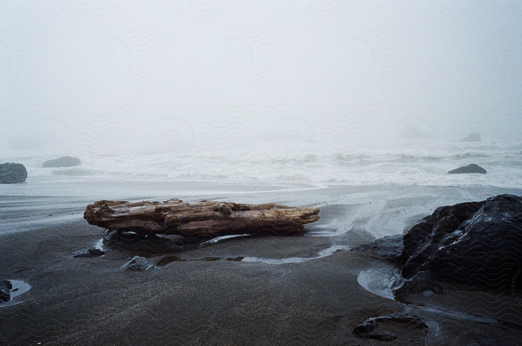 Rocky beach in fog with gentle winds blowing water to shore