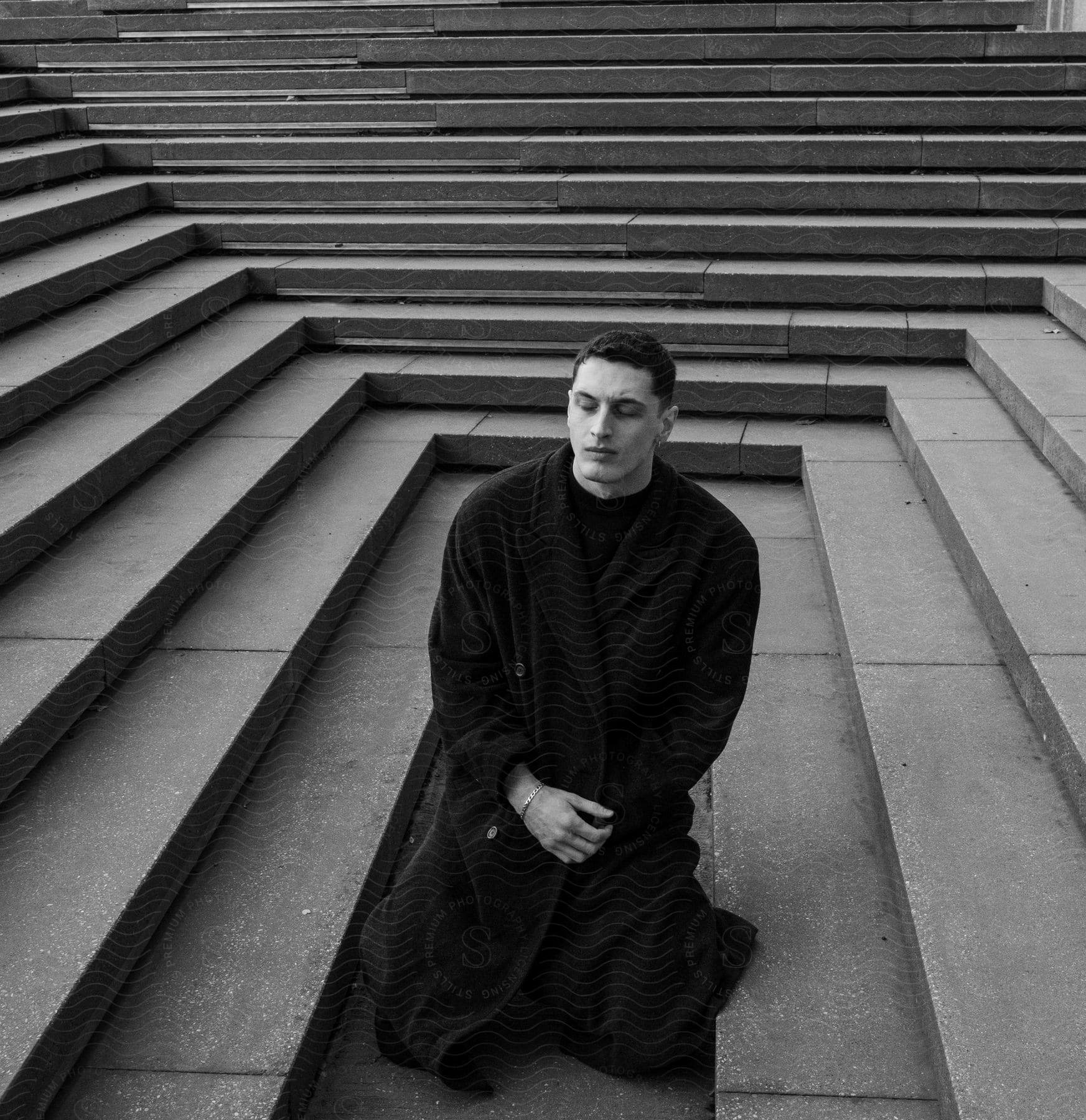 A man sitting outdoors in black and white