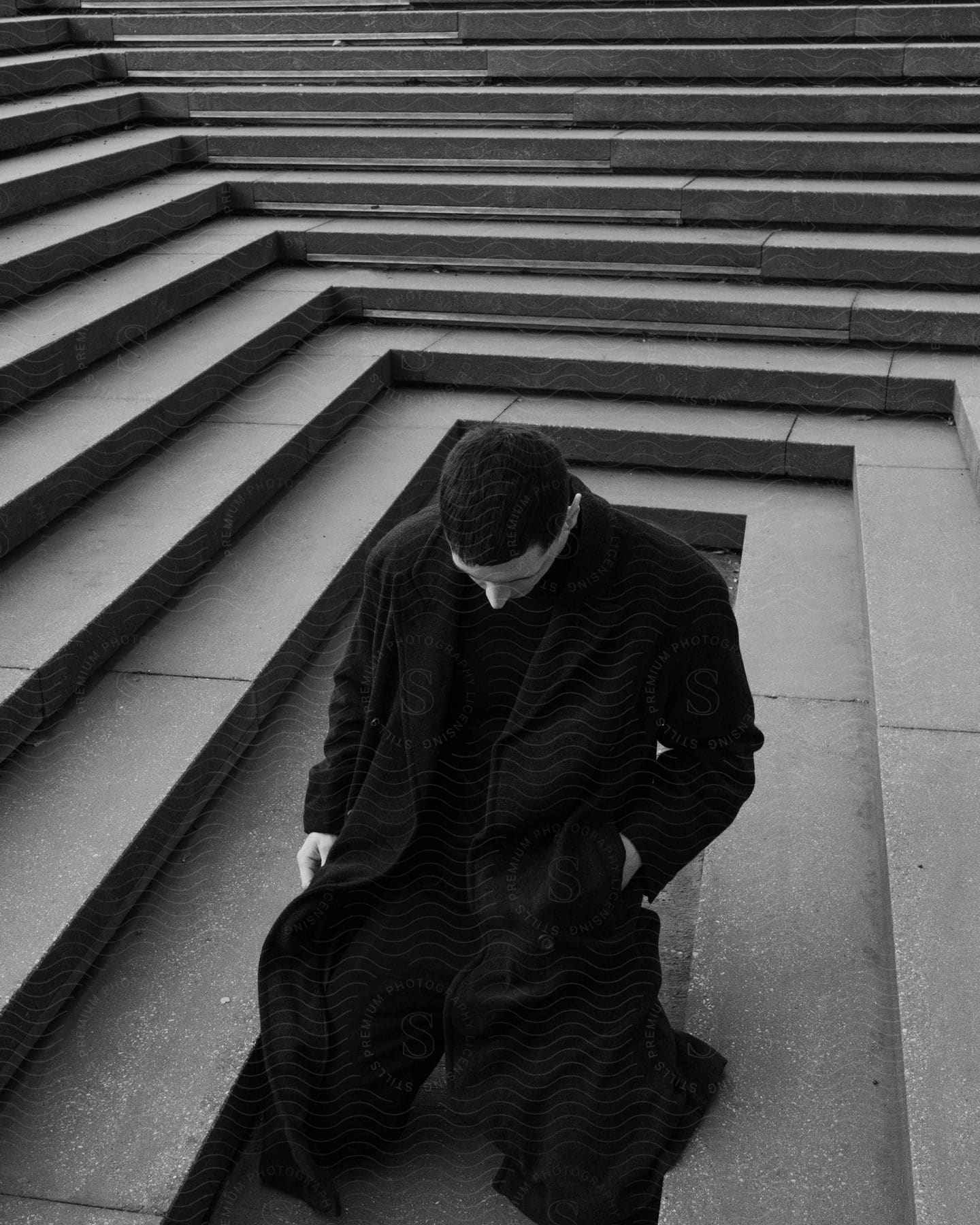 Man wearing black kneeling on a staircase