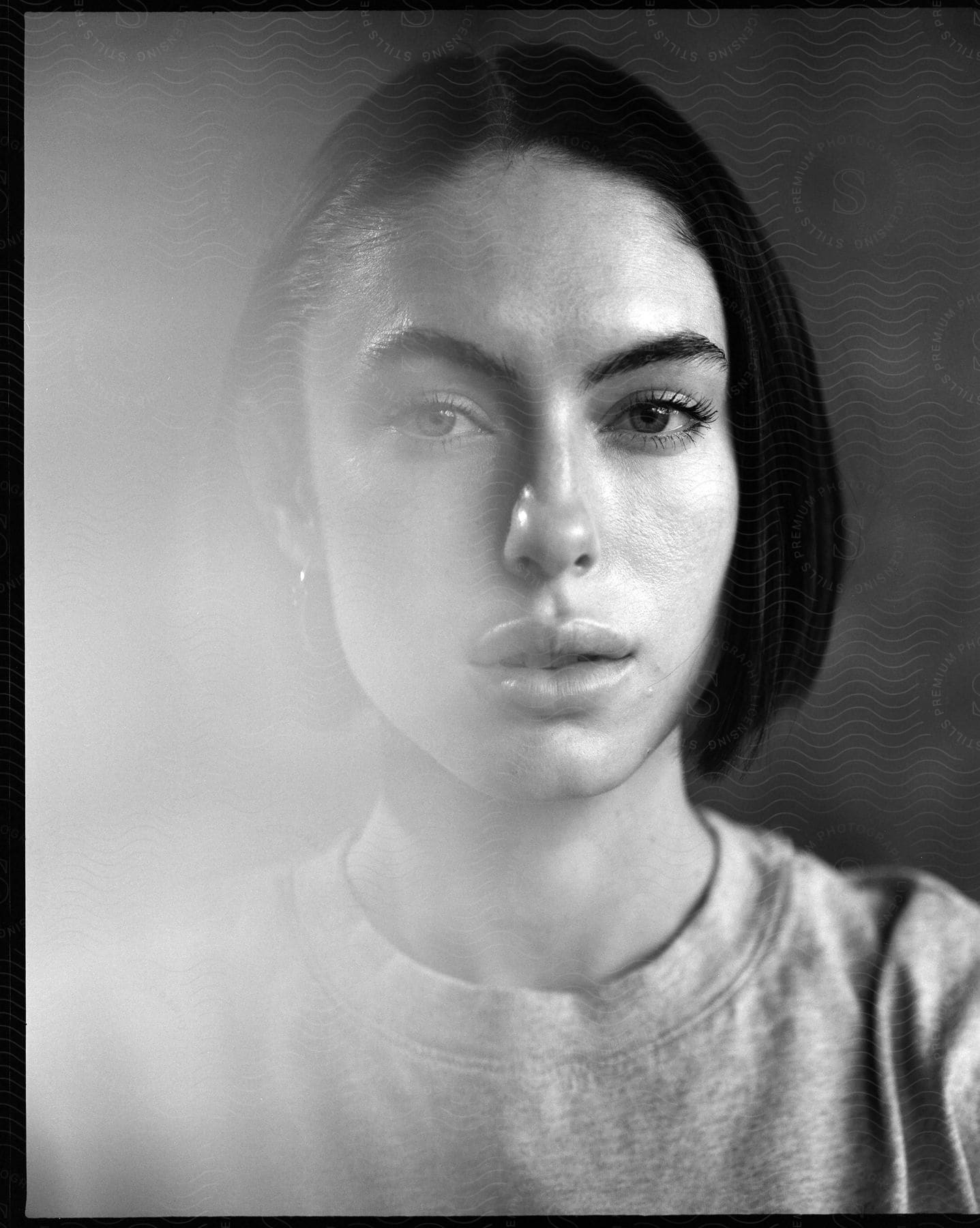 A female with short dark hair posing for a black and white portrait