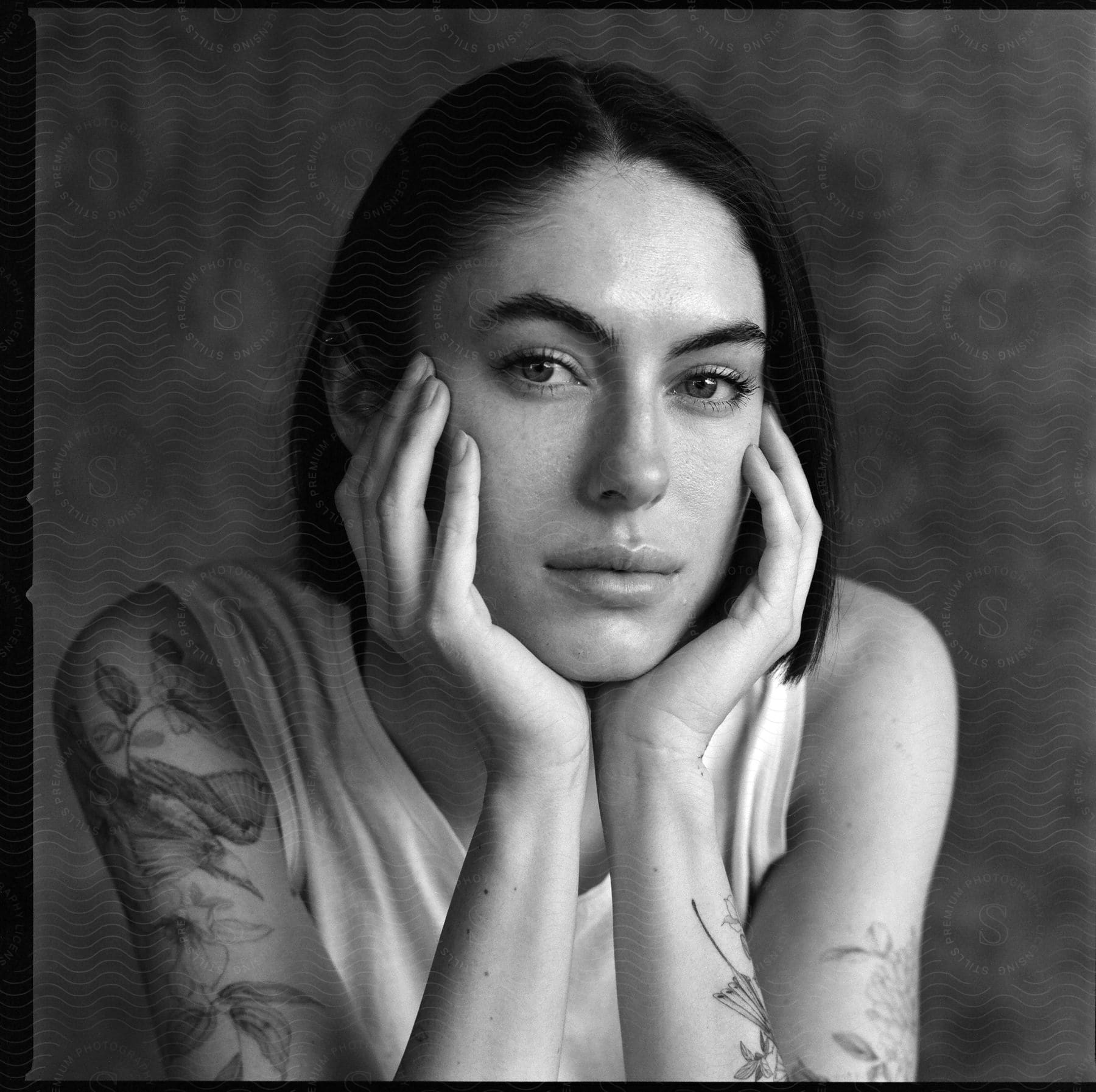 Young woman with tattoos on her arms rests her chin on her hands