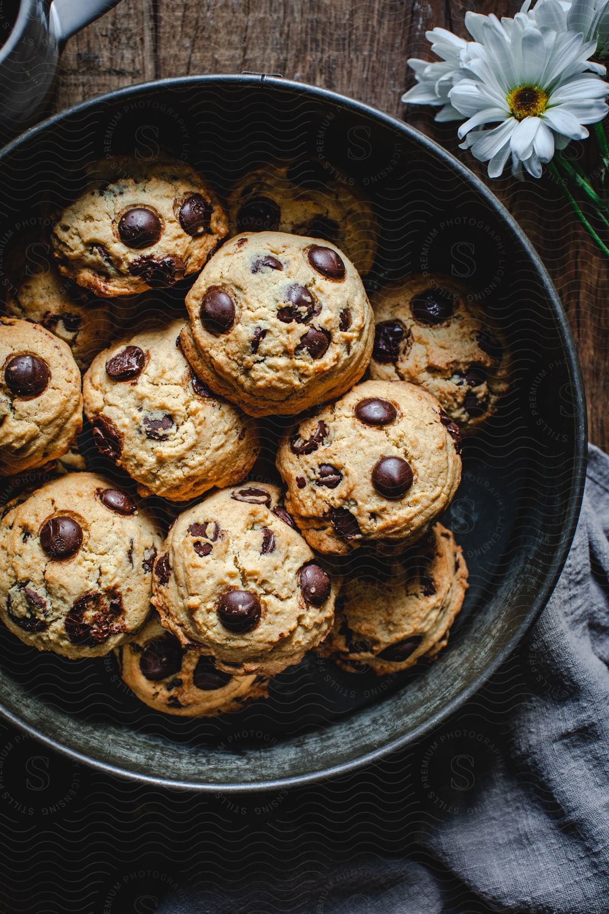 Stock photo of a plate of chocolate chip cookies on a table