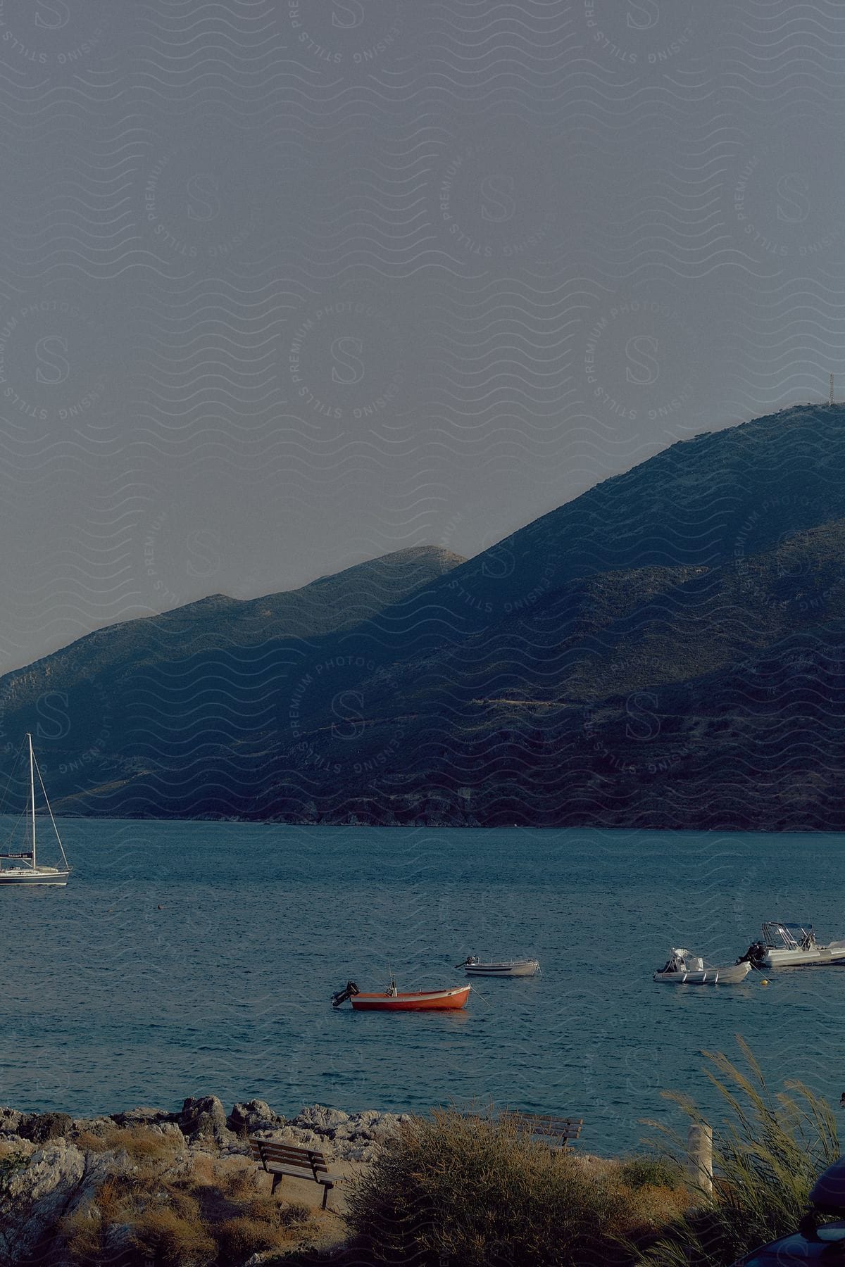 Natural landscape with boats on the water along the shoreline