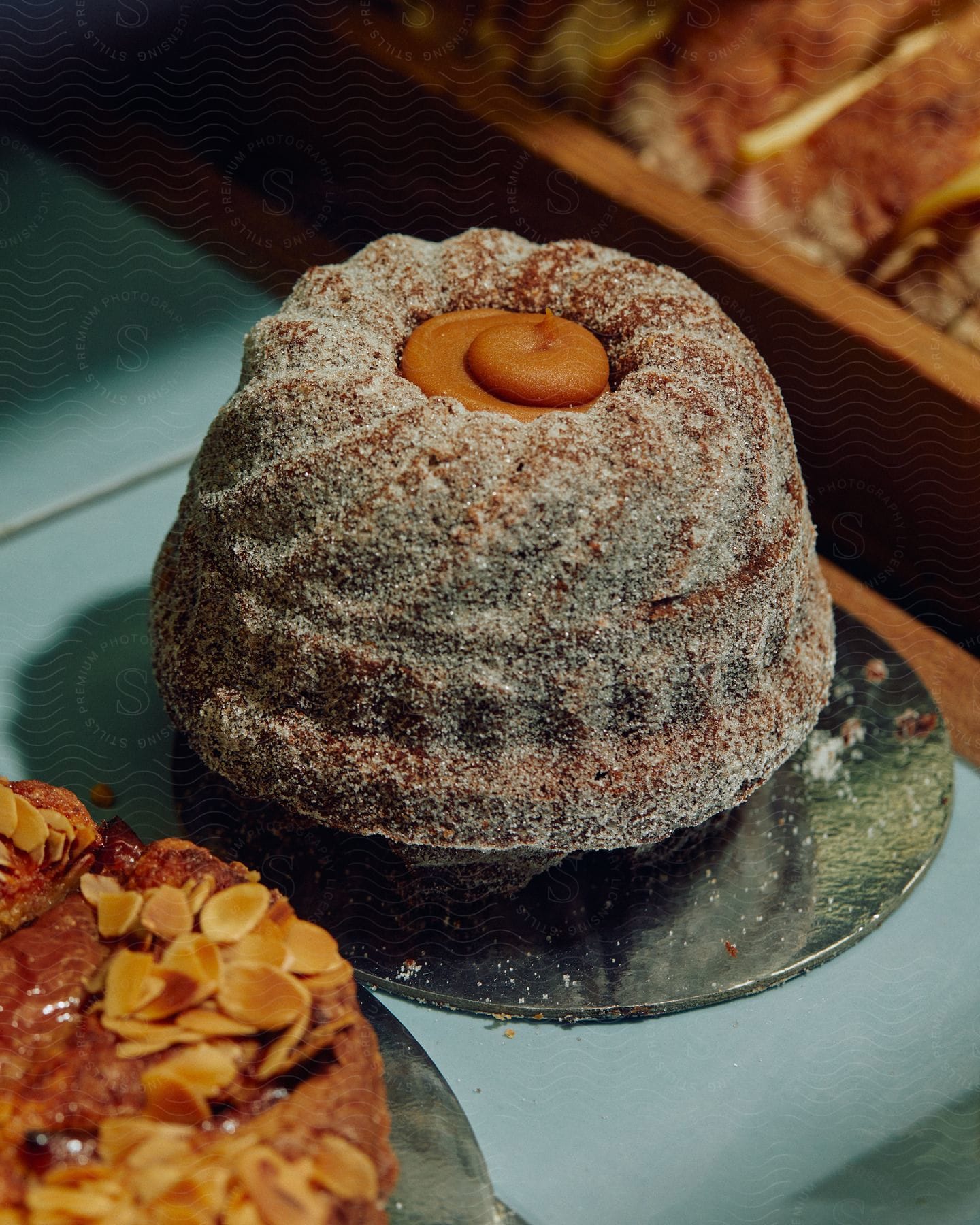 A cake is displayed on a table showcasing its enticing appearance