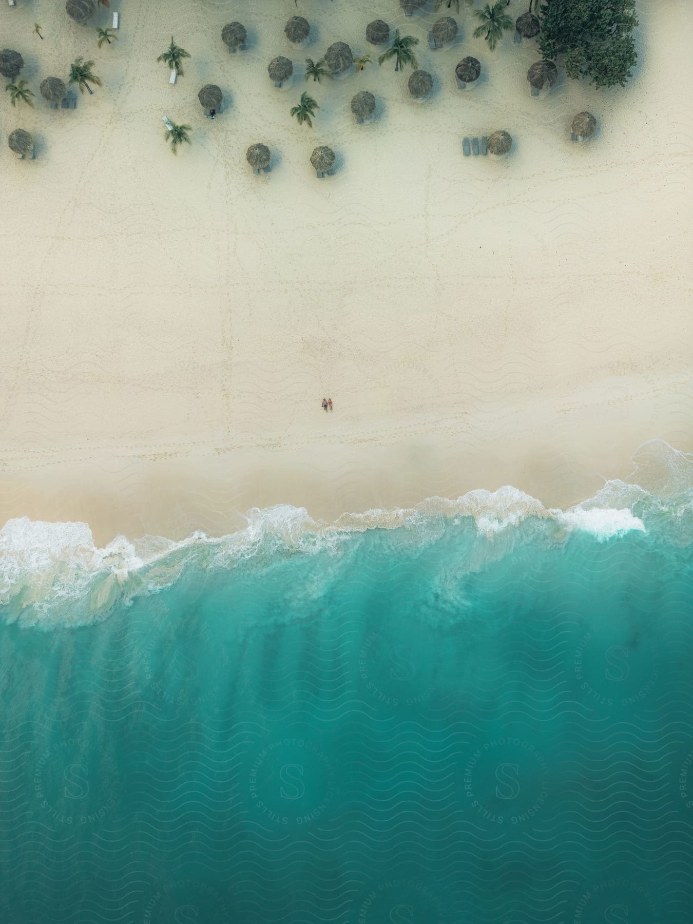 A couple walks back to palm treelined umbrellas and seats on a beach as waves crash nearby