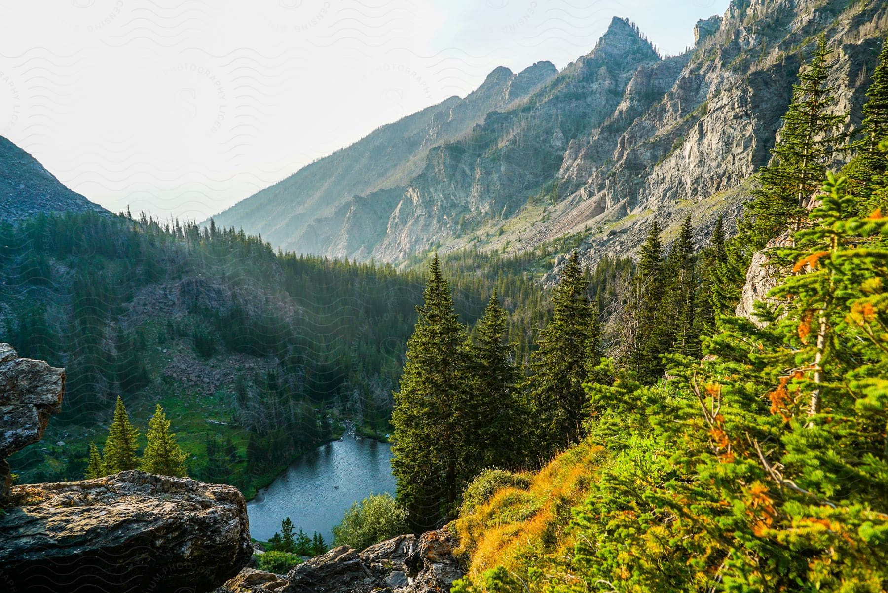 A sunny day in a valley with a lake mountains and trees