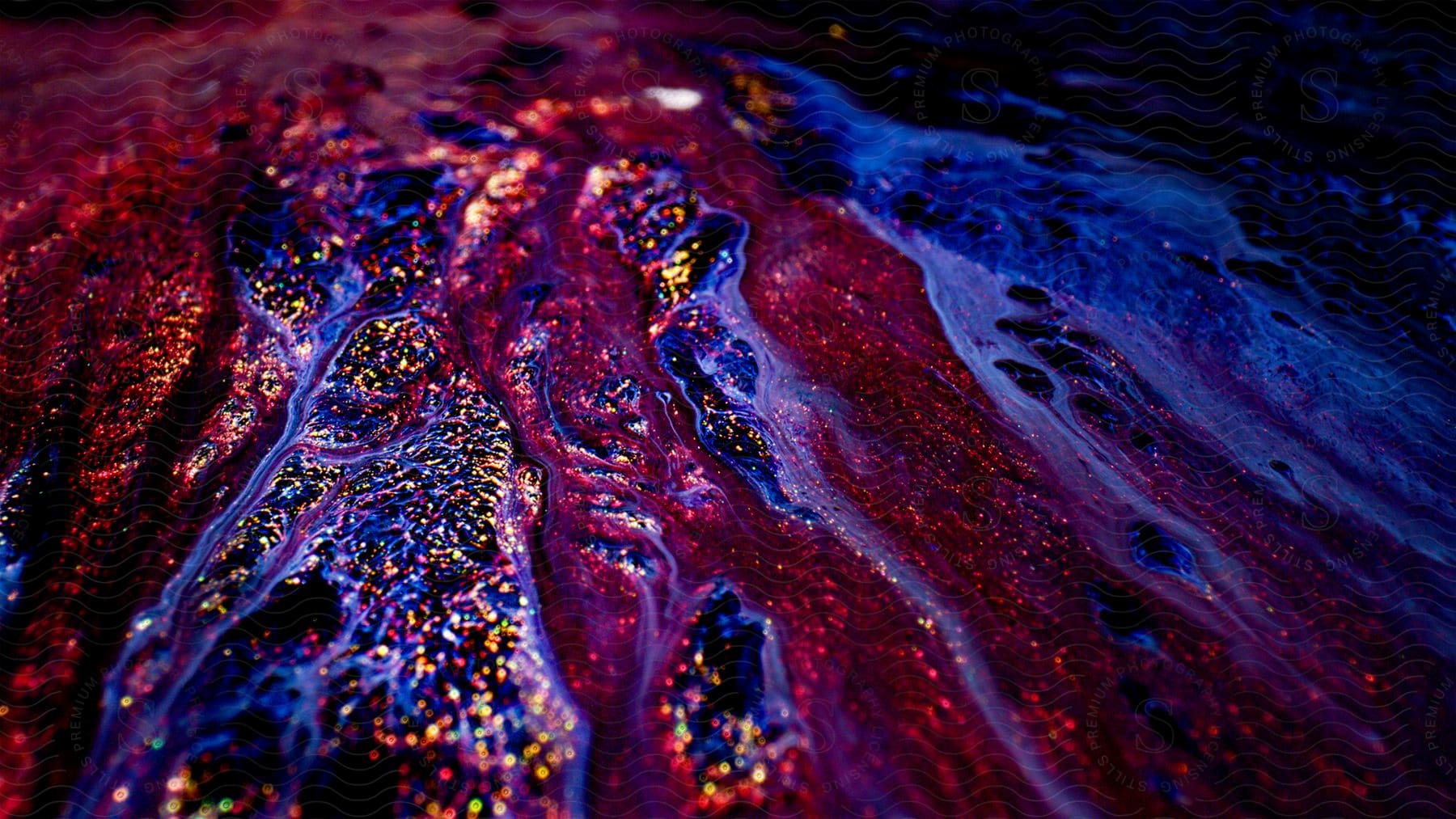 A violet colored liquid runs down a shiny red metallic surface reflecting light