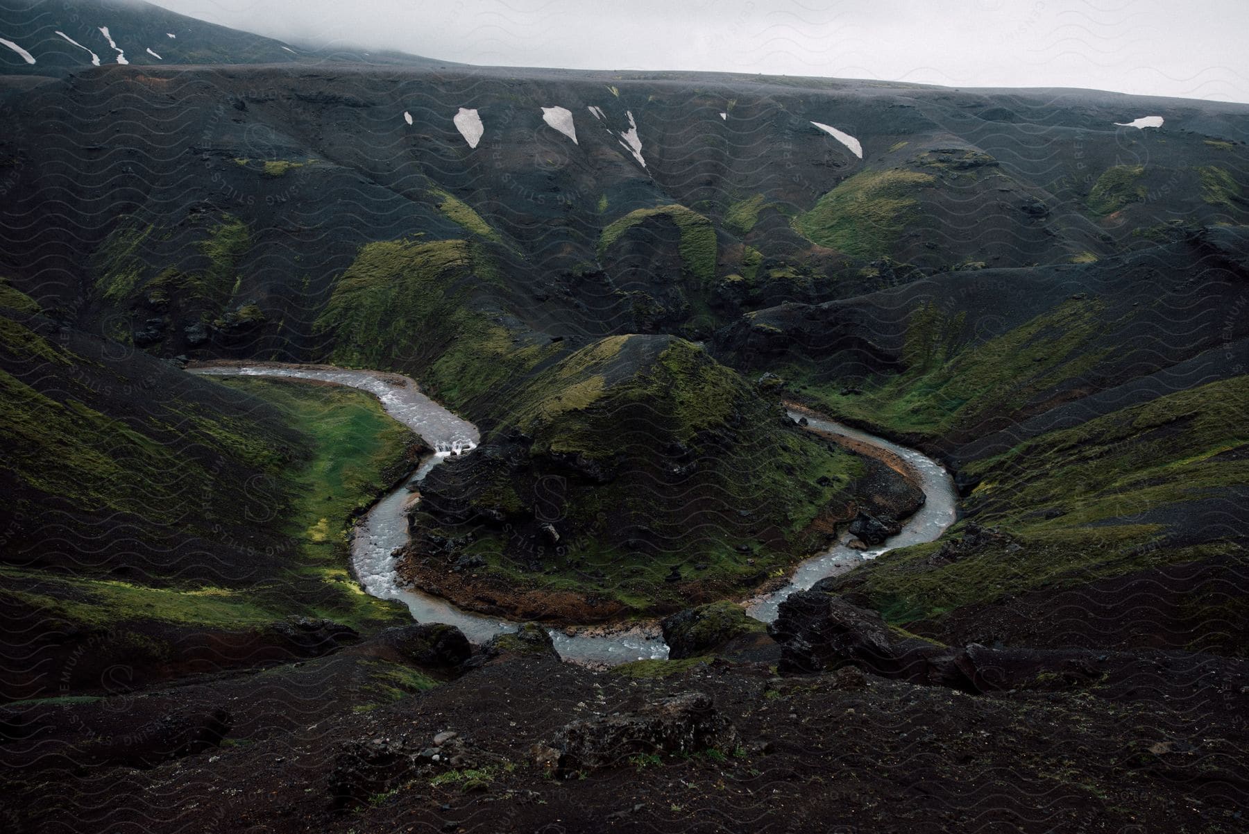 Verdant canyons with majestic mountains lush green grass a small rock and tranquil water create a captivating oasis in iceland