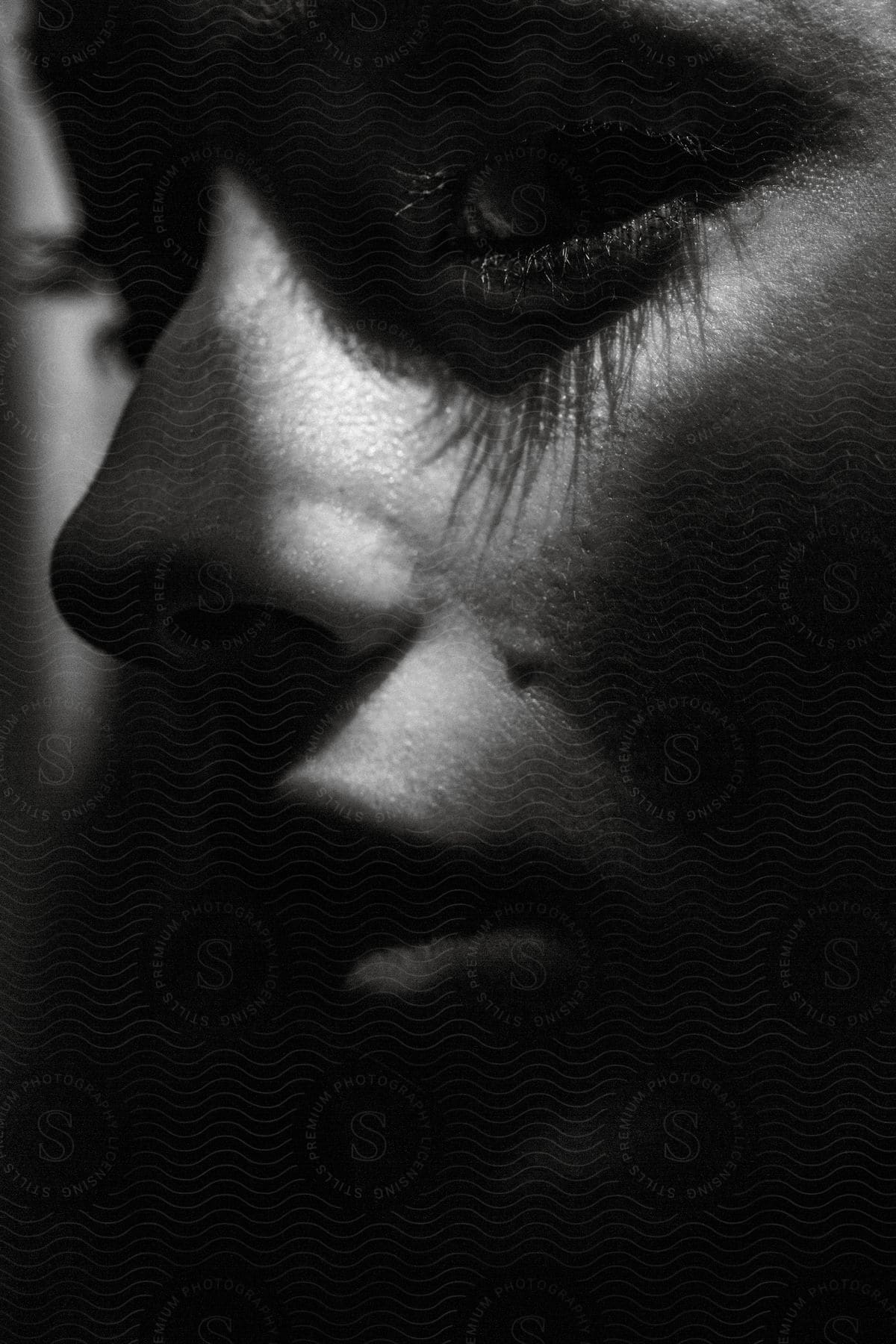 Black and white closeup of a female face in profile partially obscured by shadows