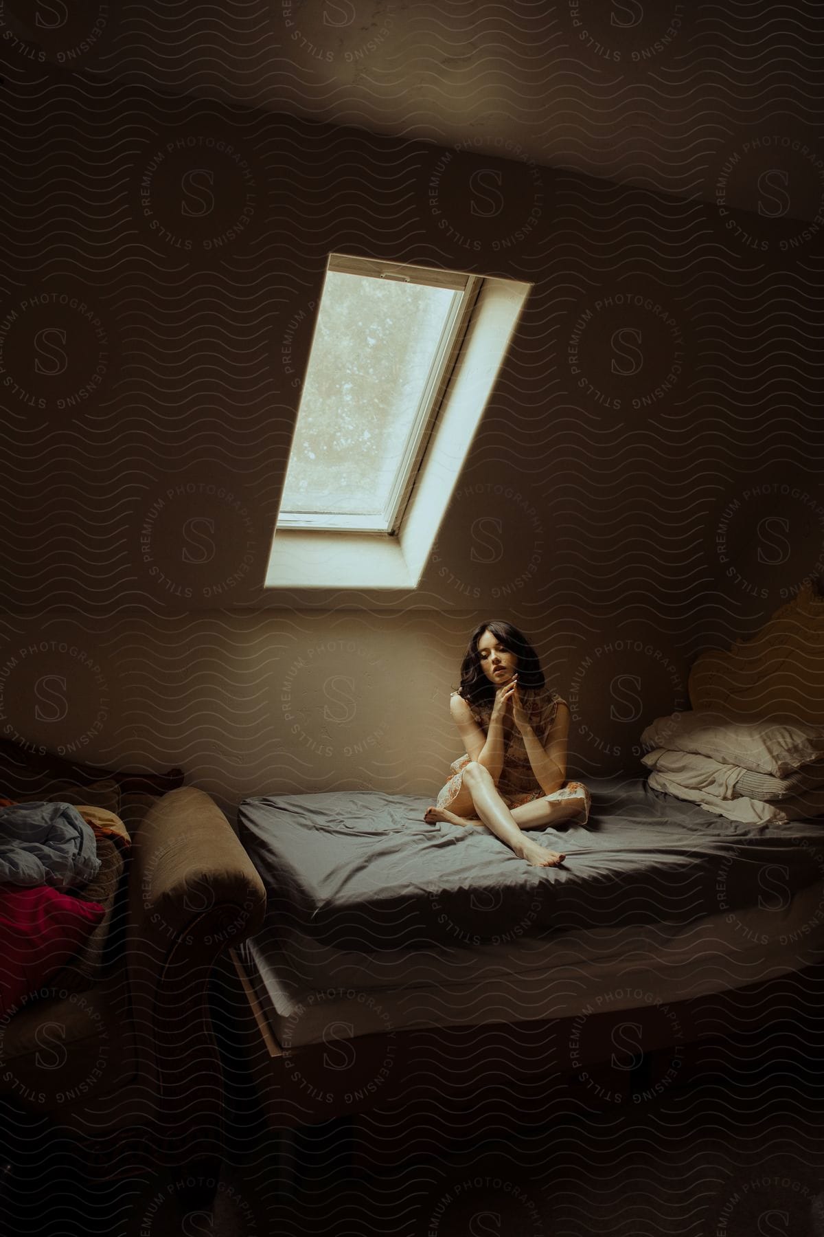 A woman sitting on a bed inside a house