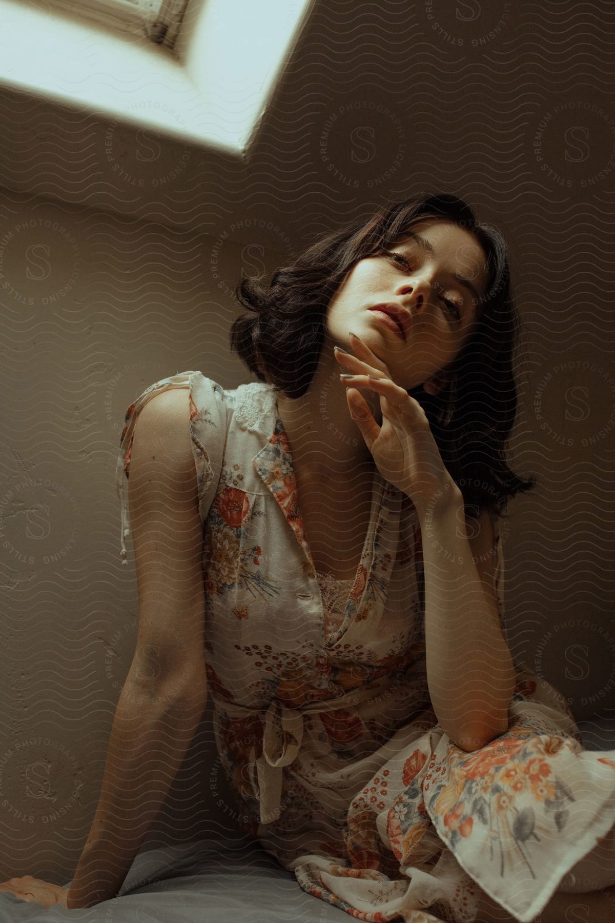 Darkhaired woman in a flowery summer dress poses indoors gently touching her chin