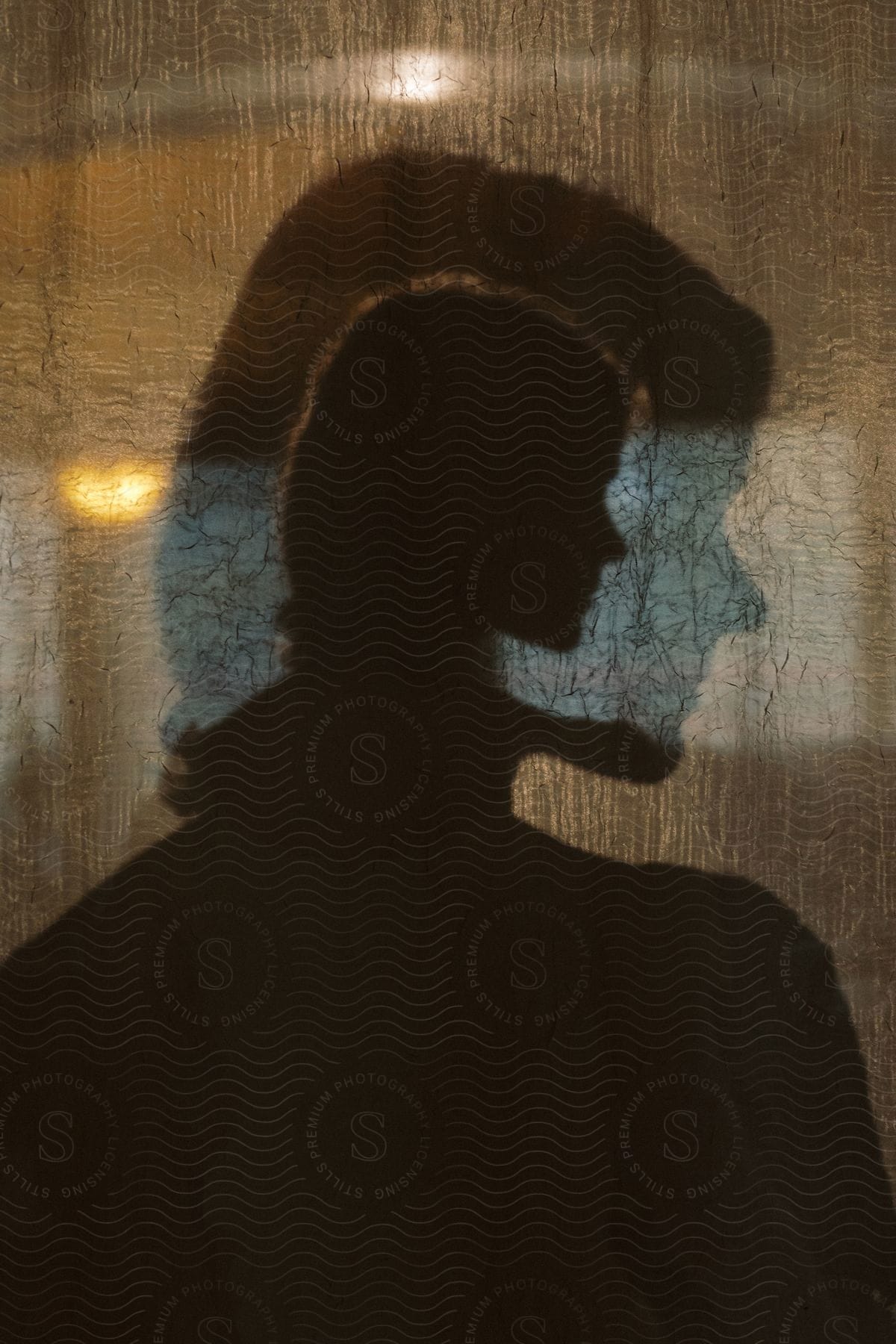 Silhouette of a young woman casting a shadow on a translucent cloth