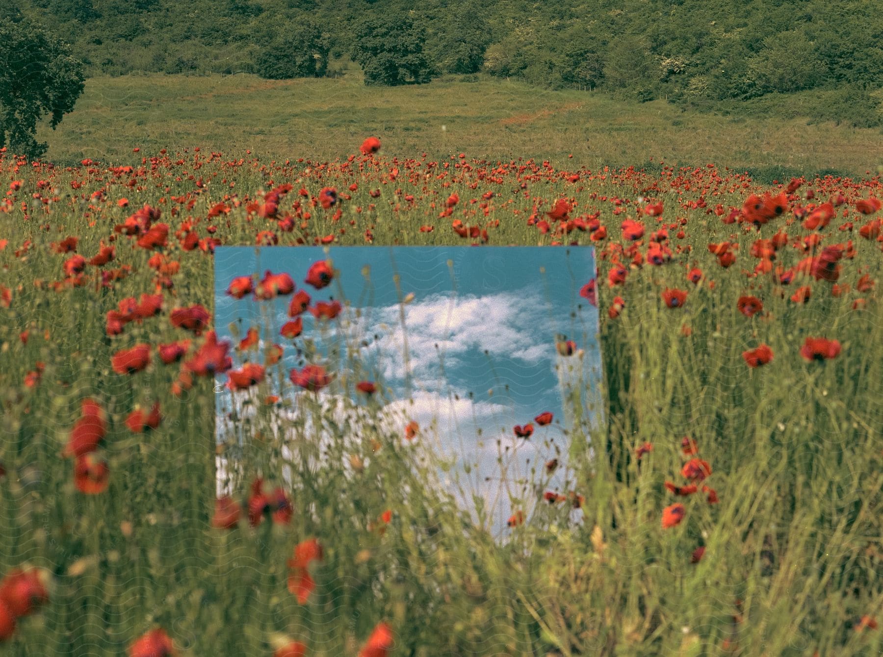 A serene scene of nature with a field of poppies and a pond