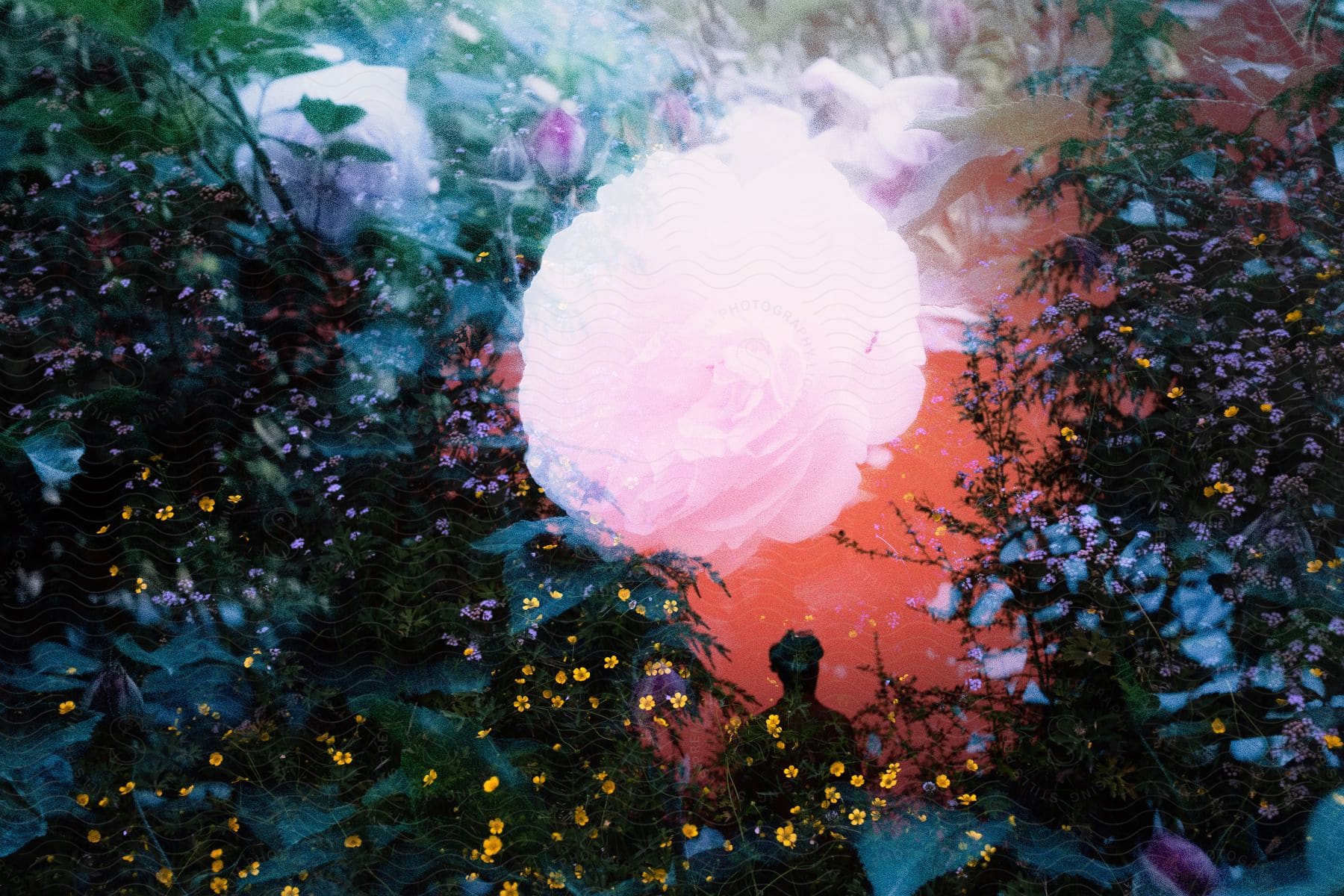 An abstract picture of flowering plants with a persons silhouette in the bottom