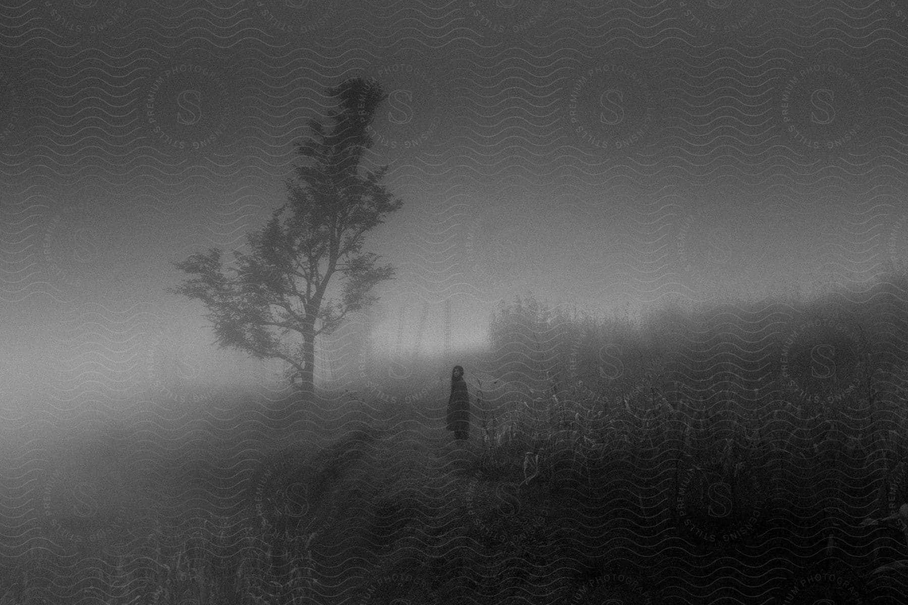 A person stands alone in a misty natural landscape
