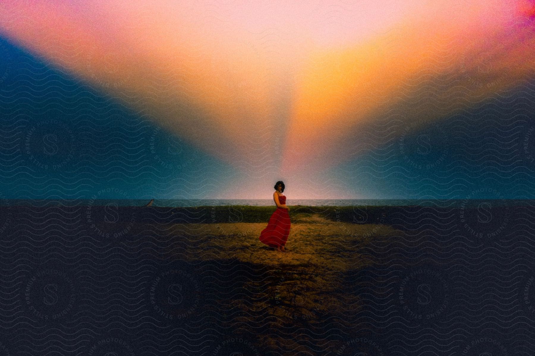 A woman stands on the beach in a red dress as the sky is colored behind her