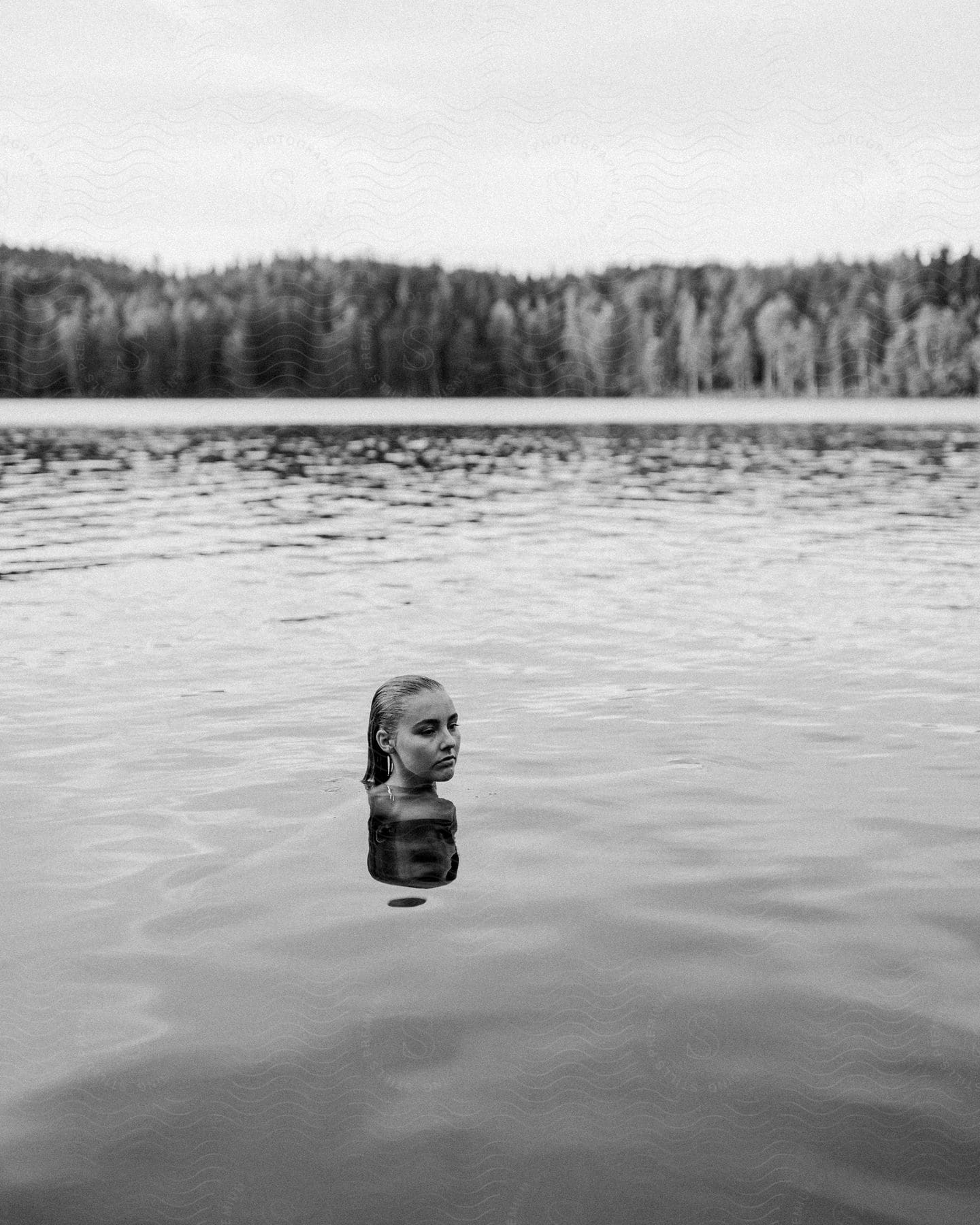 A young womans head is seen swimming in a lake surrounded by a pine tree forest