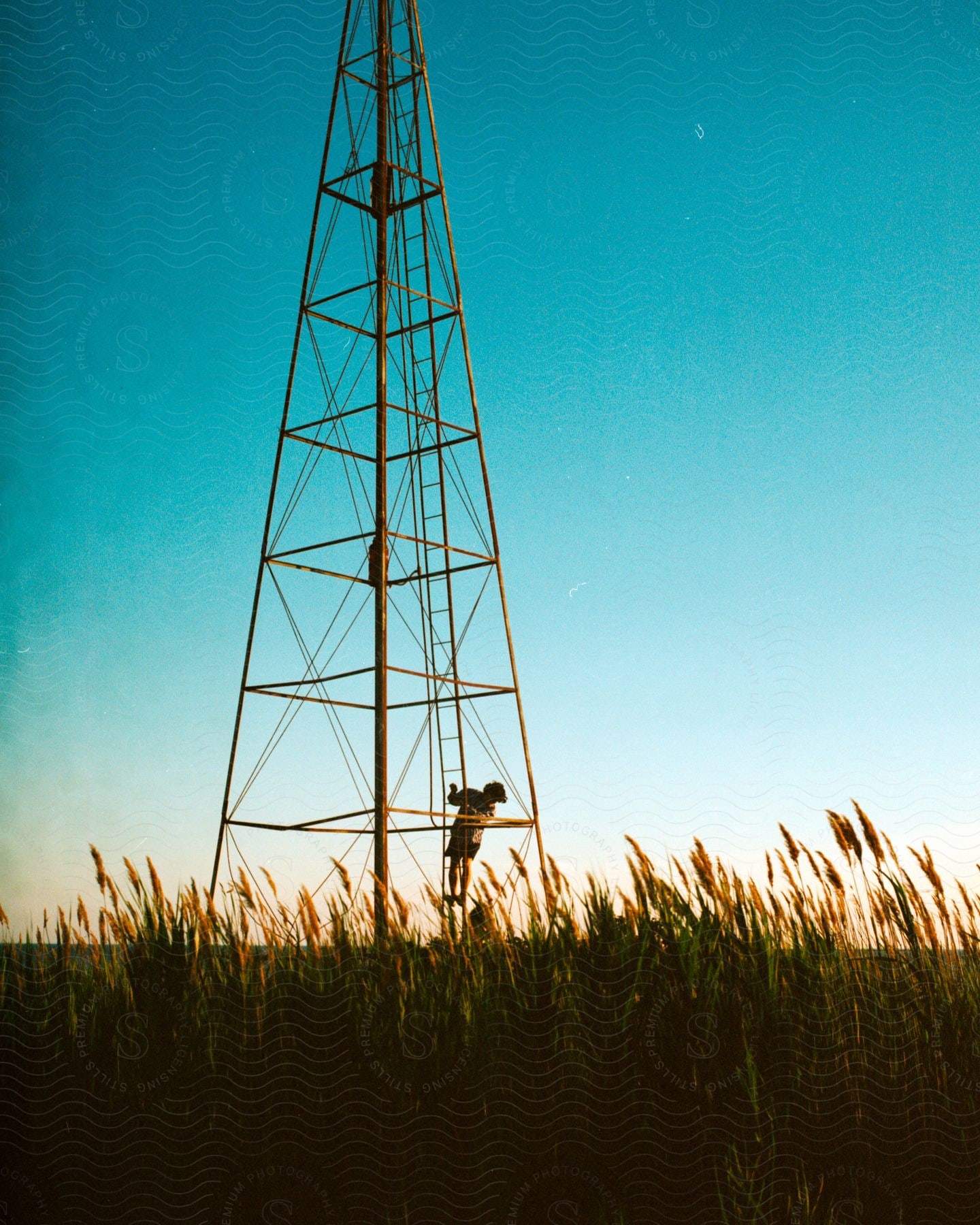 Stock photo of a man wearing shorts and a hat is standing on a utility tower ladder looking down