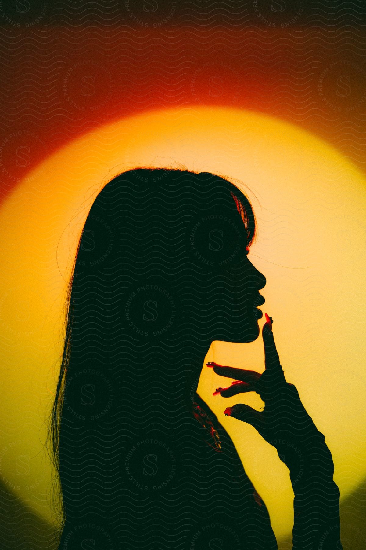 A silhouette of a female in a studio setting