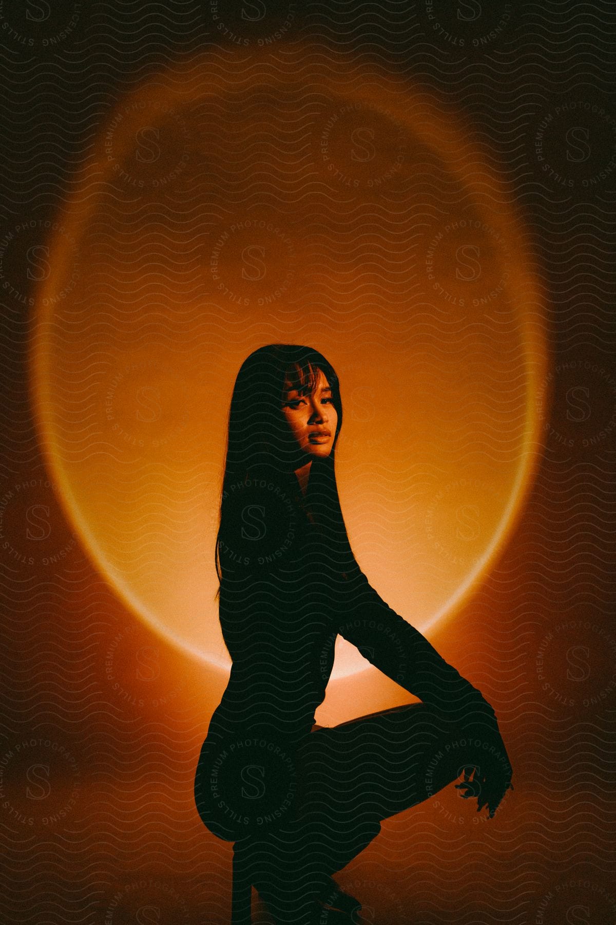 A young woman in black clothing kneeling with hands on knees looking to the side