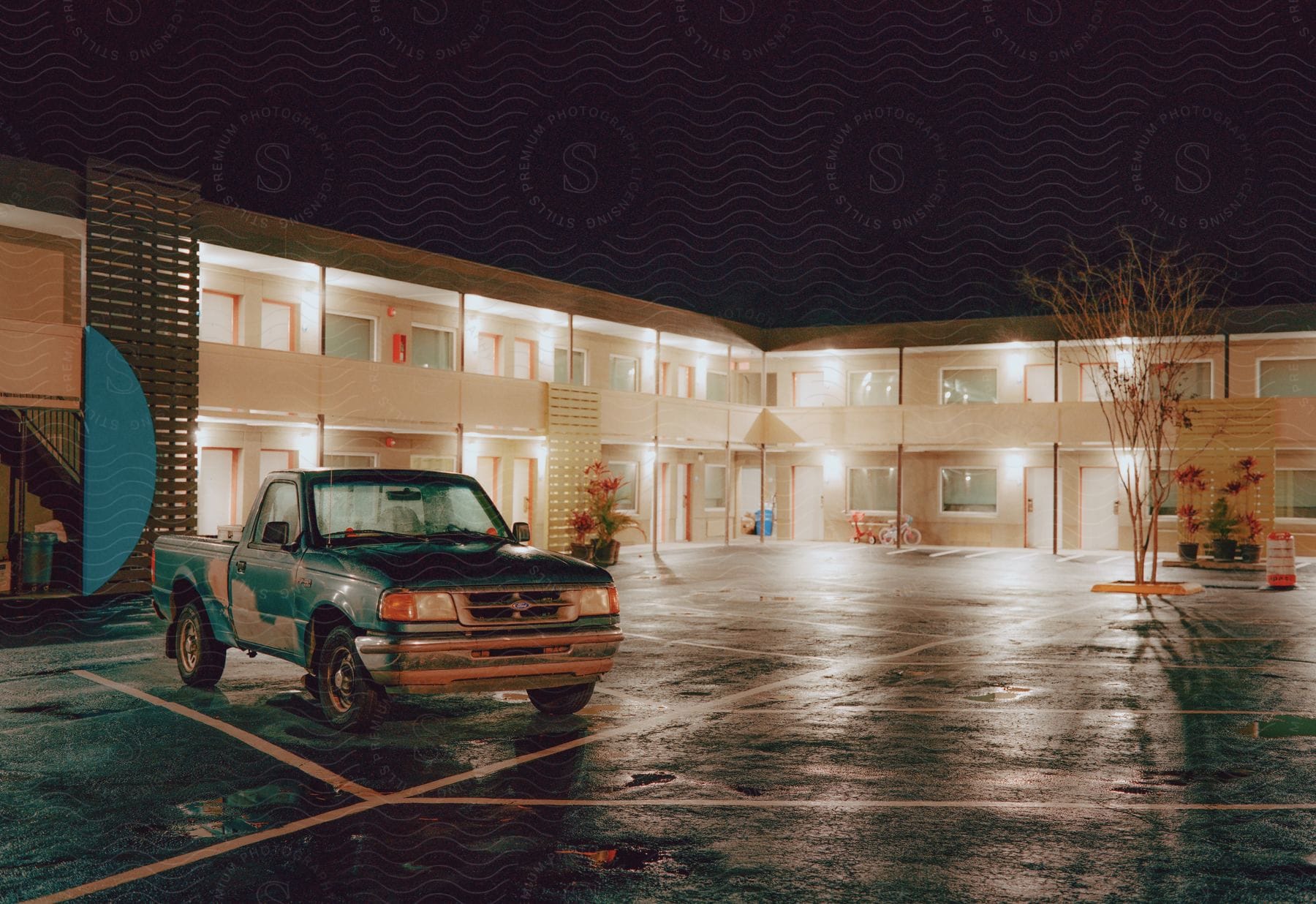 A small truck parked on a motel parking lot at night