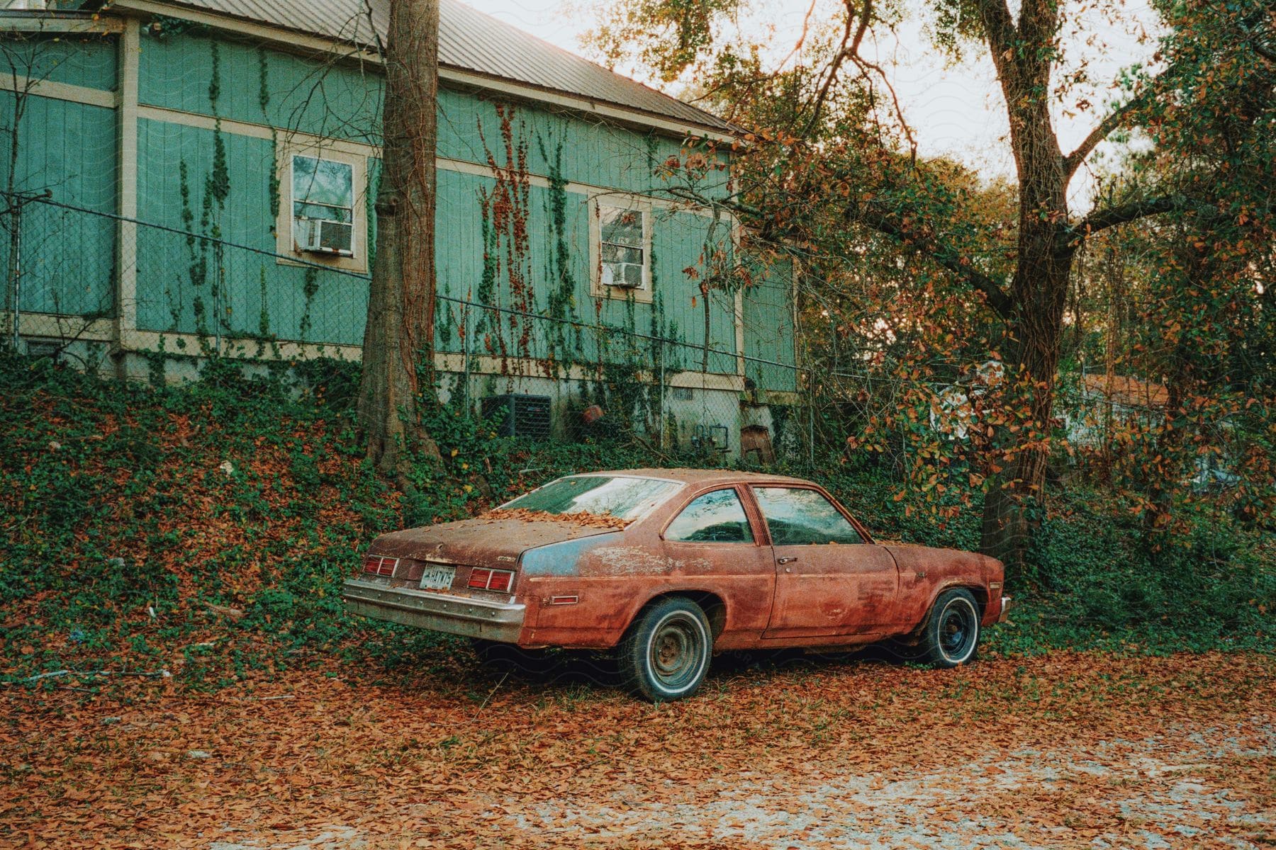 Abandoned red car surrounded by fall leaves parked near a green house in an exterior location