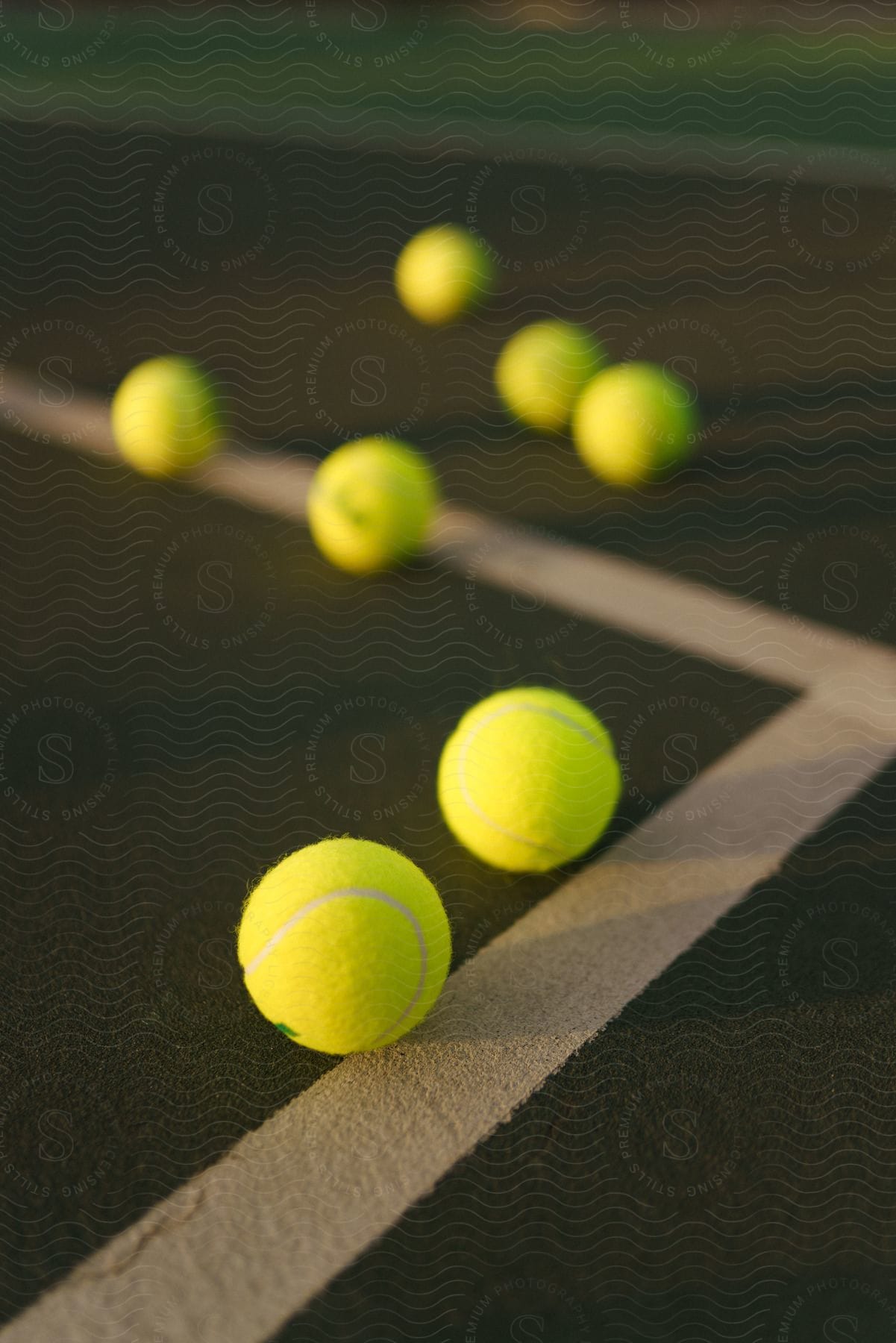 Tennis balls rest on a tennis court