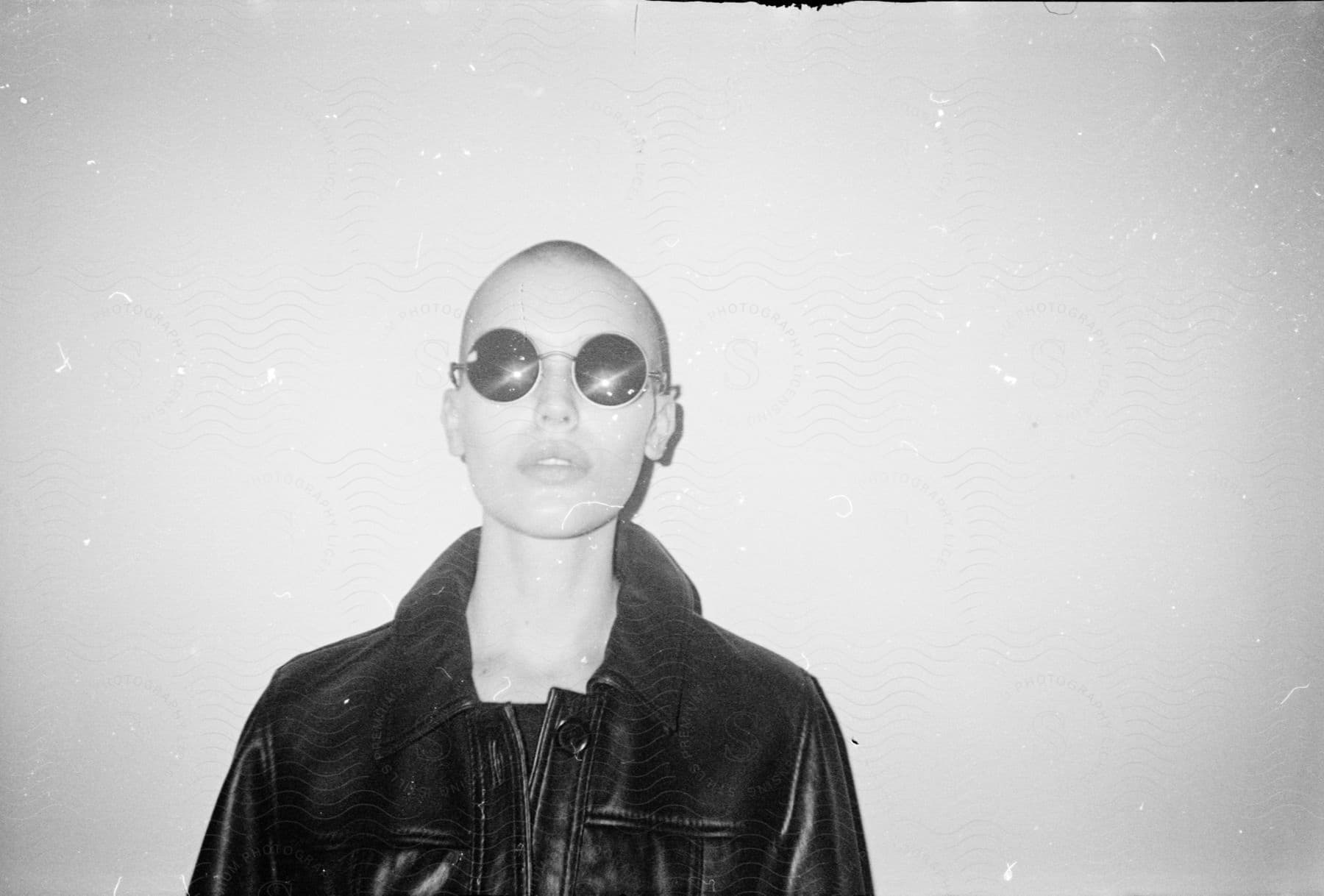 Woman with shaved head sunglasses and a black leather jacket stands in front of a wall