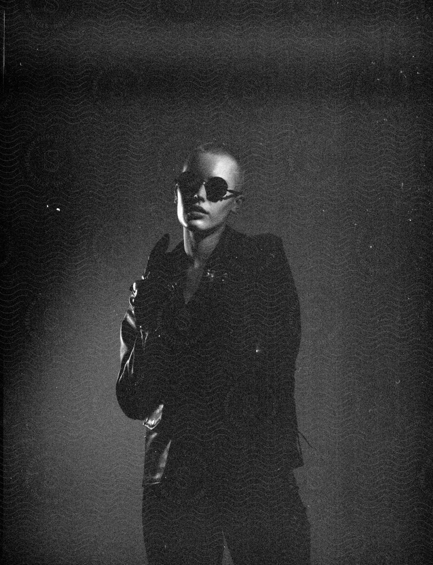 A woman sporting a shaved head, donning sunglasses, gloves, and a sleek leather jacket, strikes a confident pose for the camera