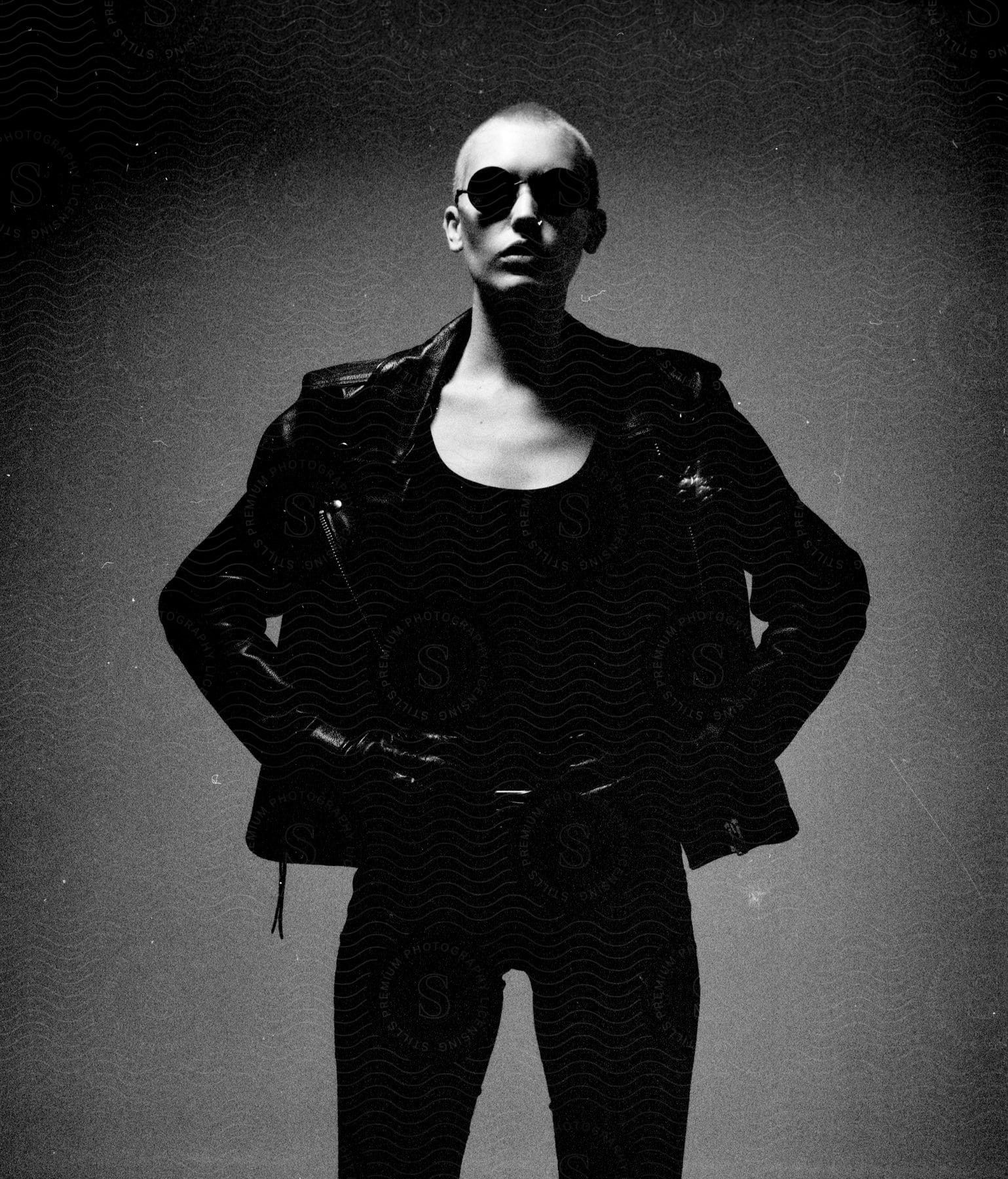 A woman with a shaved head, wearing sunglasses, a black leather jacket, and pants, stands with her hands on her hips