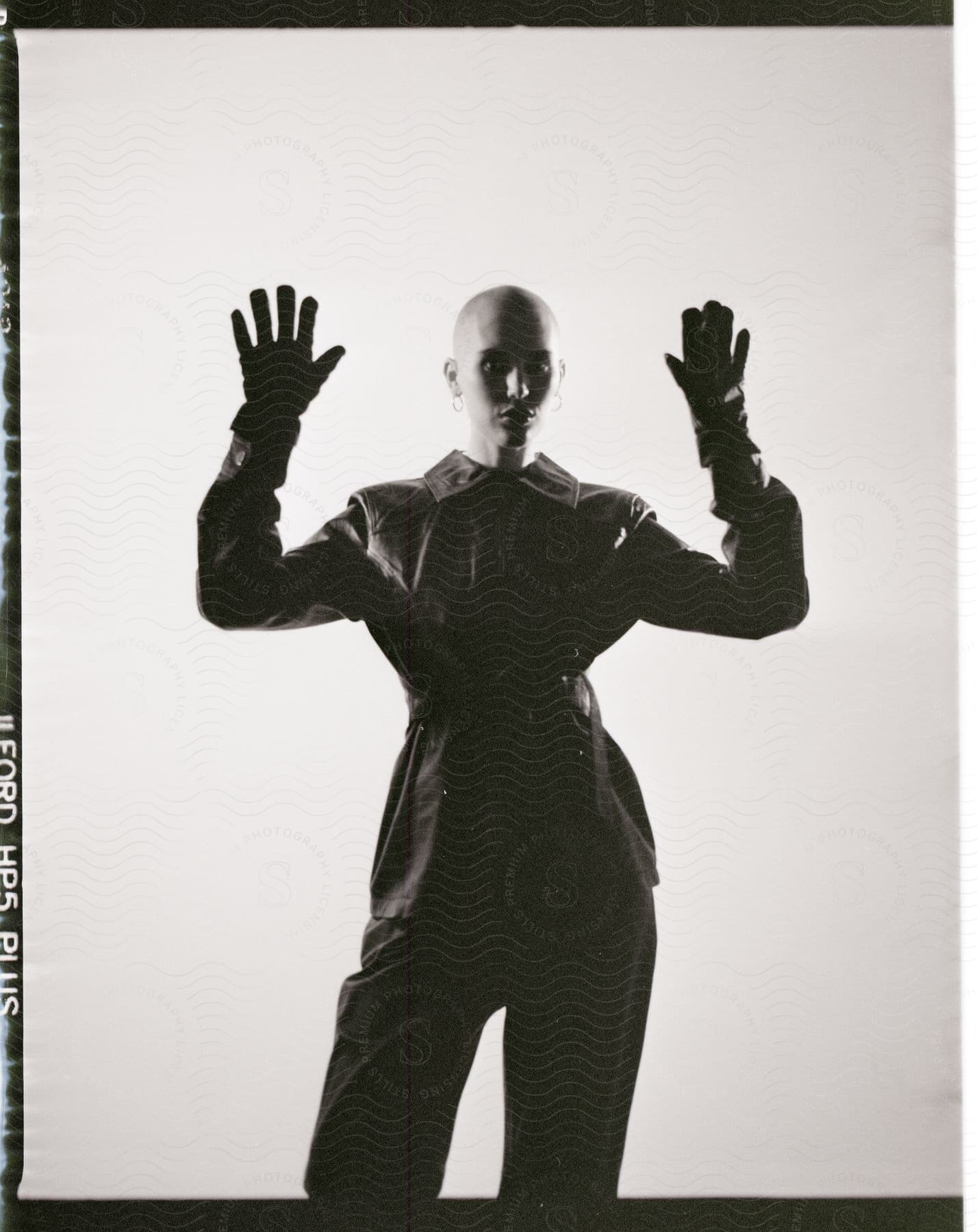 A woman with a shaved head, wearing a black leather jacket and earrings, raises both her hands in the air