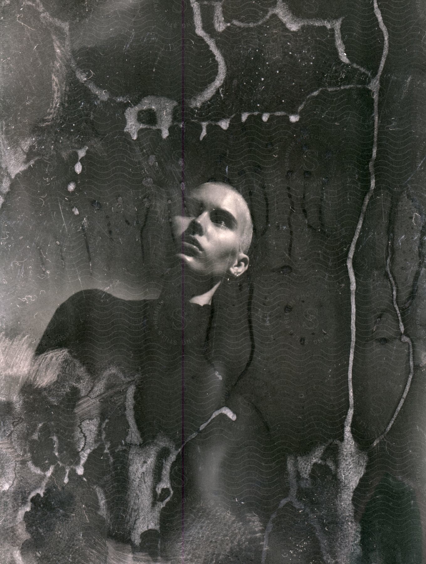 Woman with earrings and shaved hair looking up in the worn out photo photo