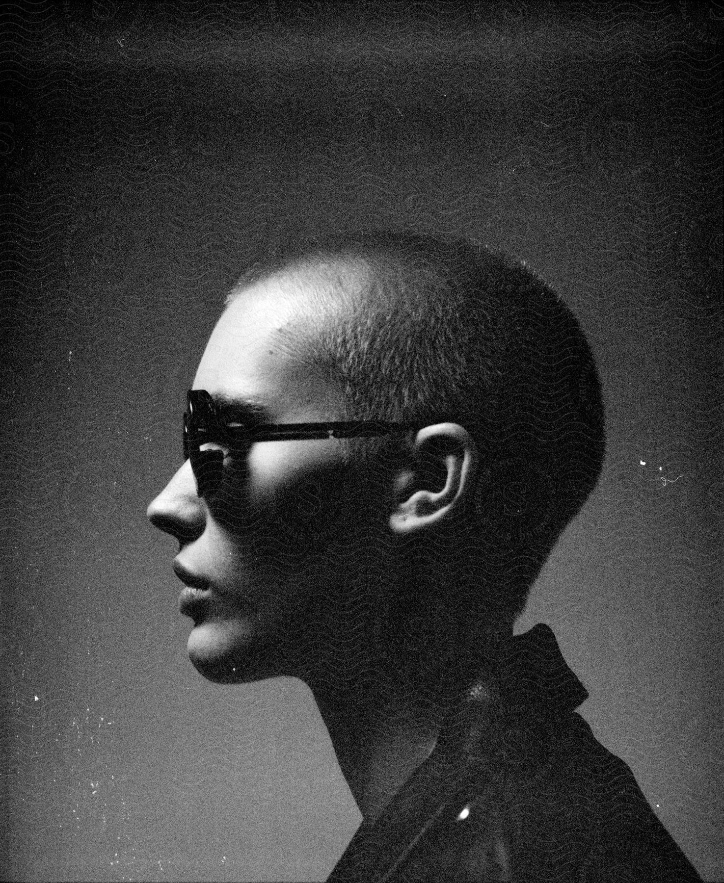 Stock photo of close up of women's head with sunglasses and black leather jacket