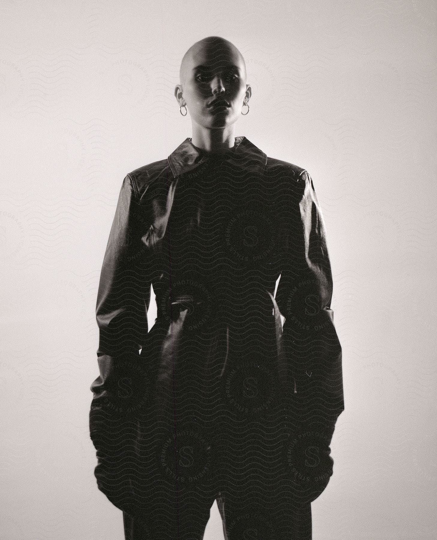 Woman models jacket while standing against gray background.