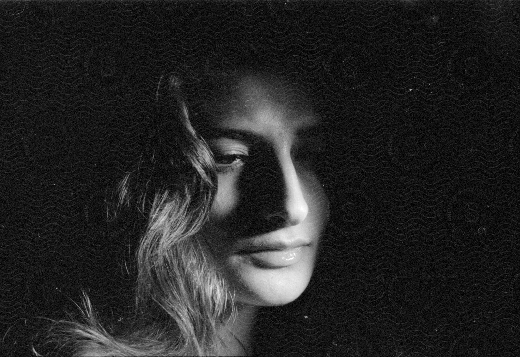 A black-and-white of a young woman with long, brown hair in low lighting.