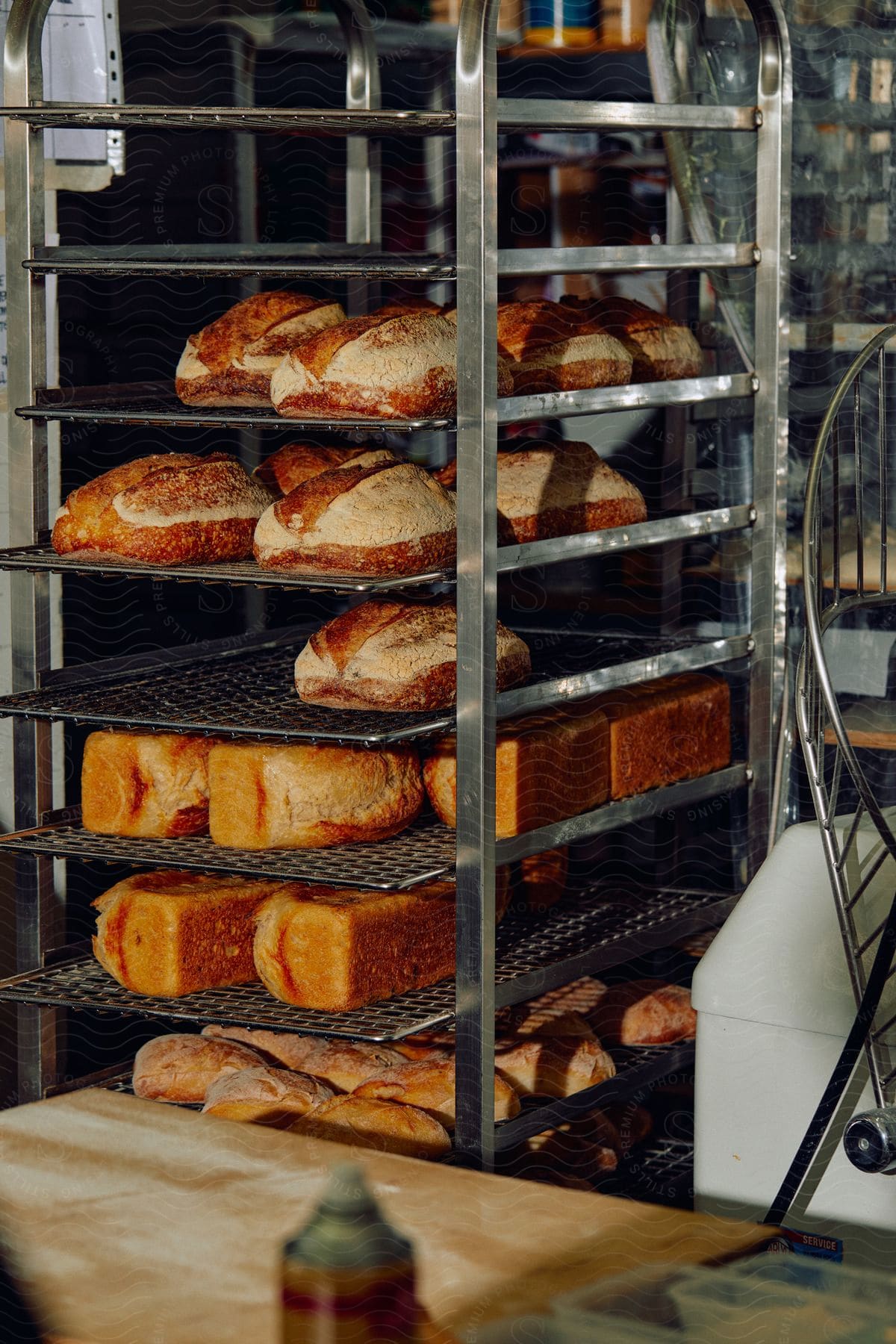 Freshly baked bread loafs displayed on a rack in a bakery kitchen