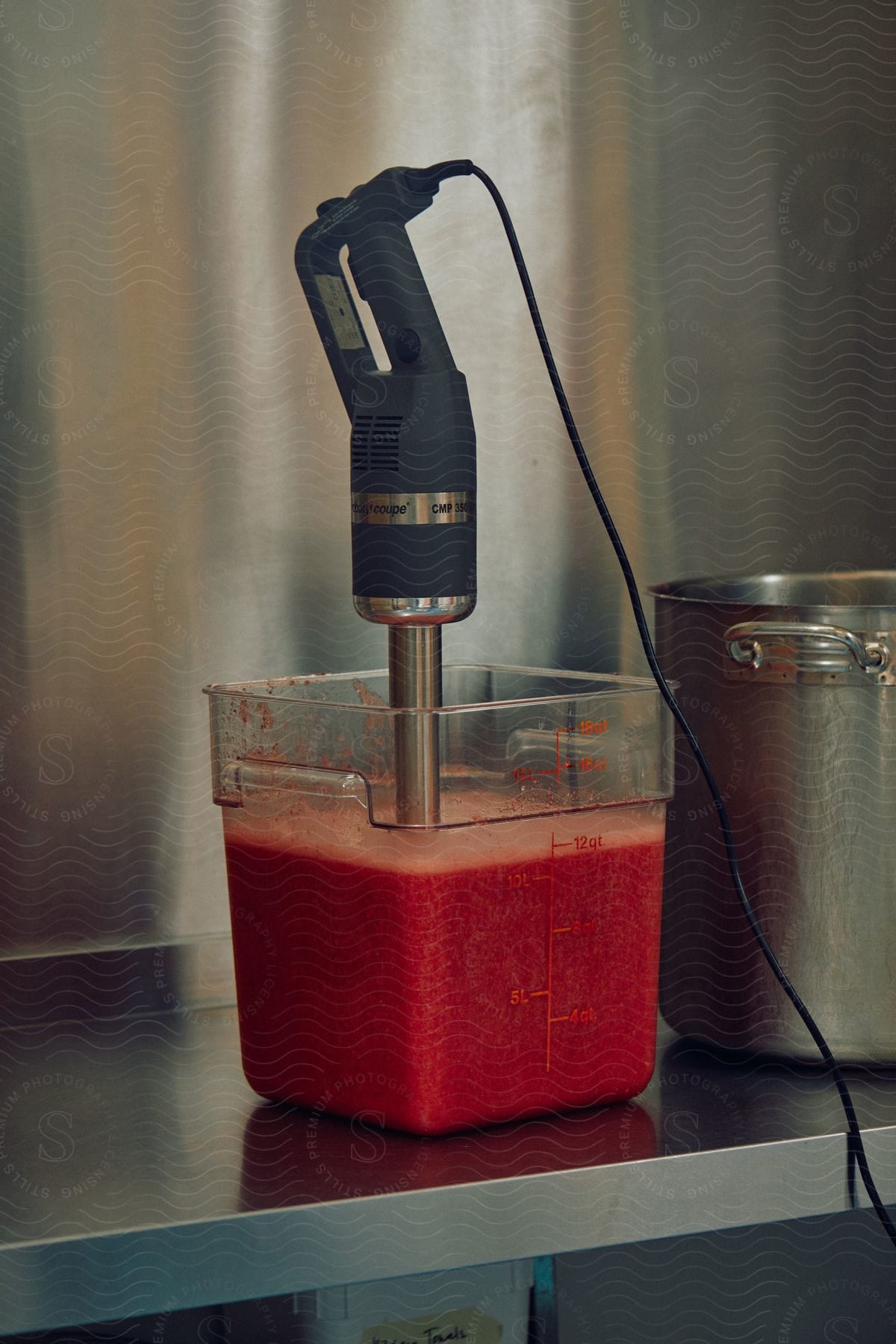 A bowl with a red liquid and equipment inside with wire