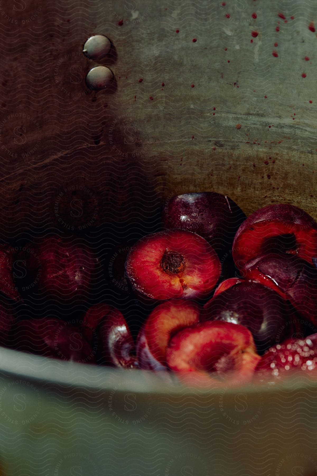 Sliced plums sitting in a cooking pot