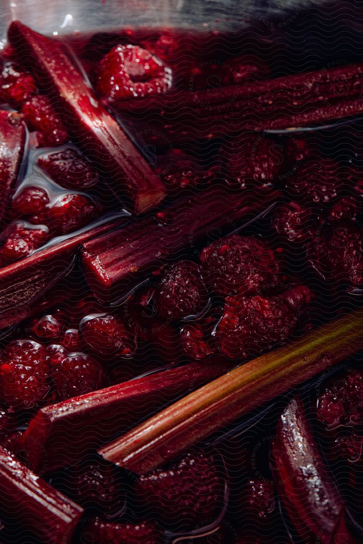 Close up of red raspberry jam being cooked inside a steel pot