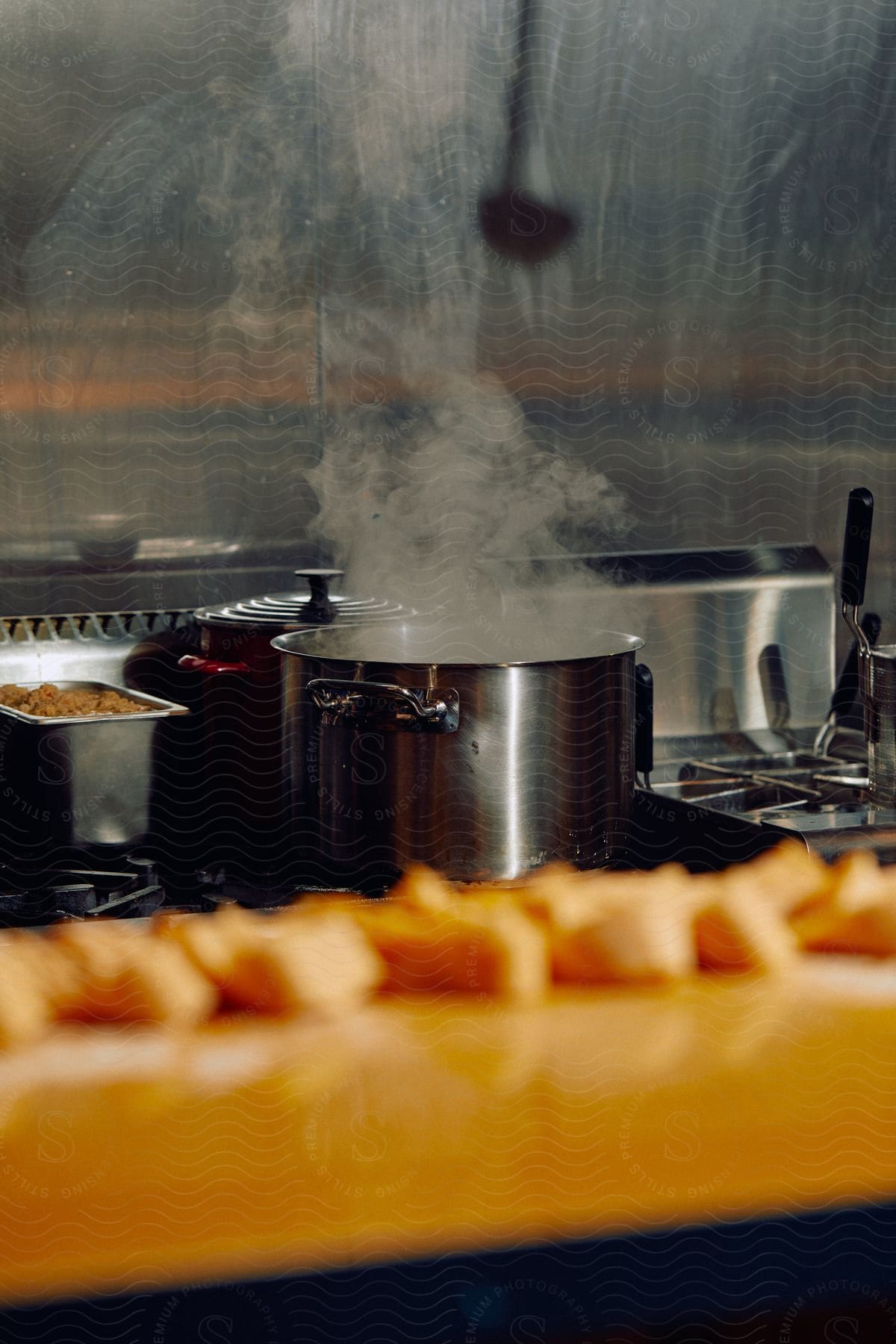 Pot steaming in a kitchen