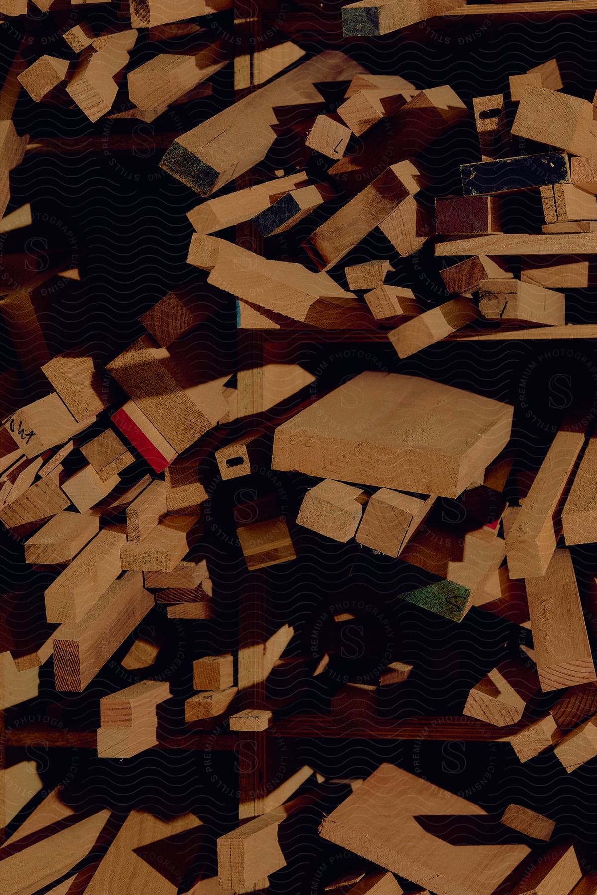 Pieces of wood prepared as raw material for carpentry captured indoors with low key lighting