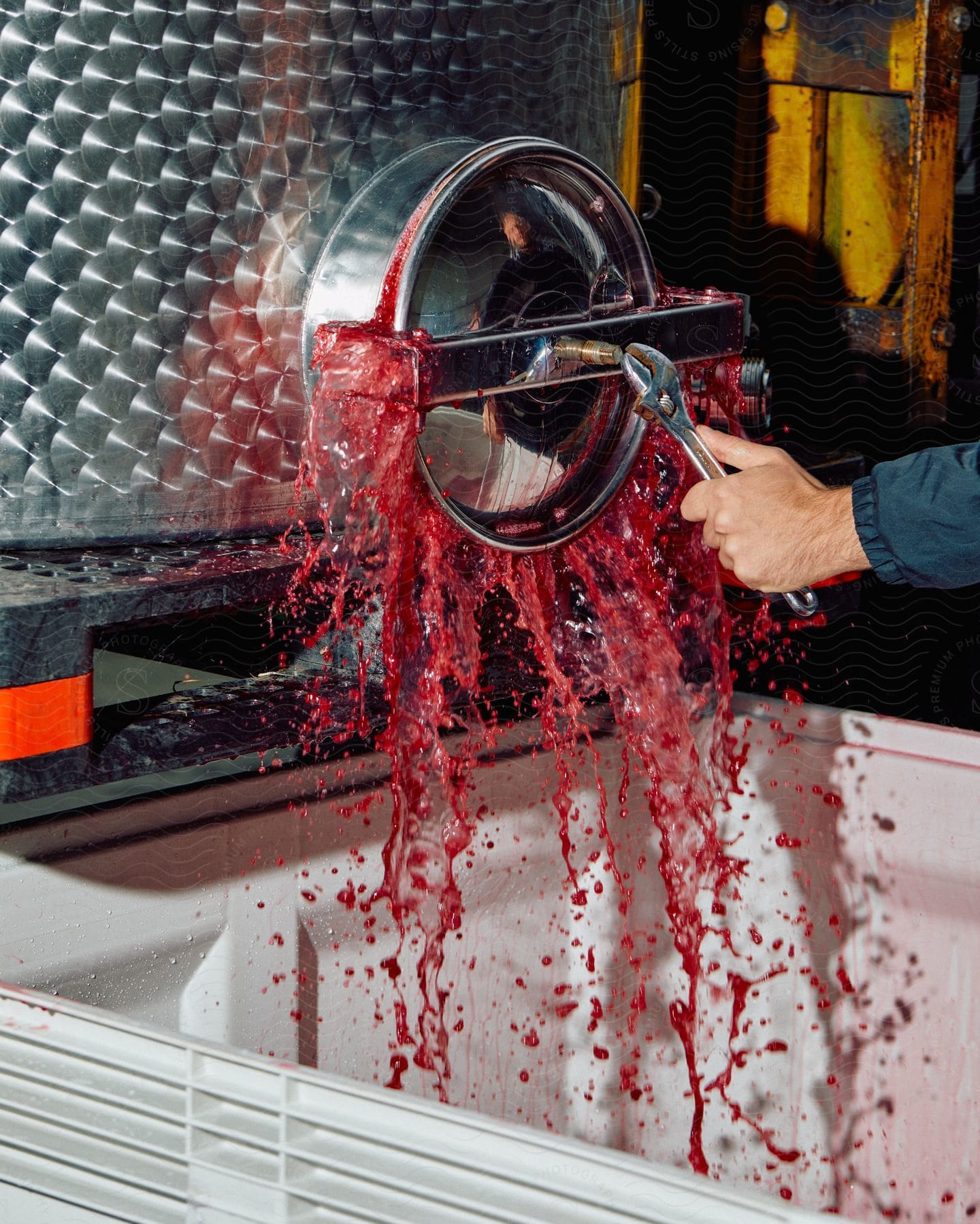 A person holds a metallic object in a welllit room causing red wine to splash out