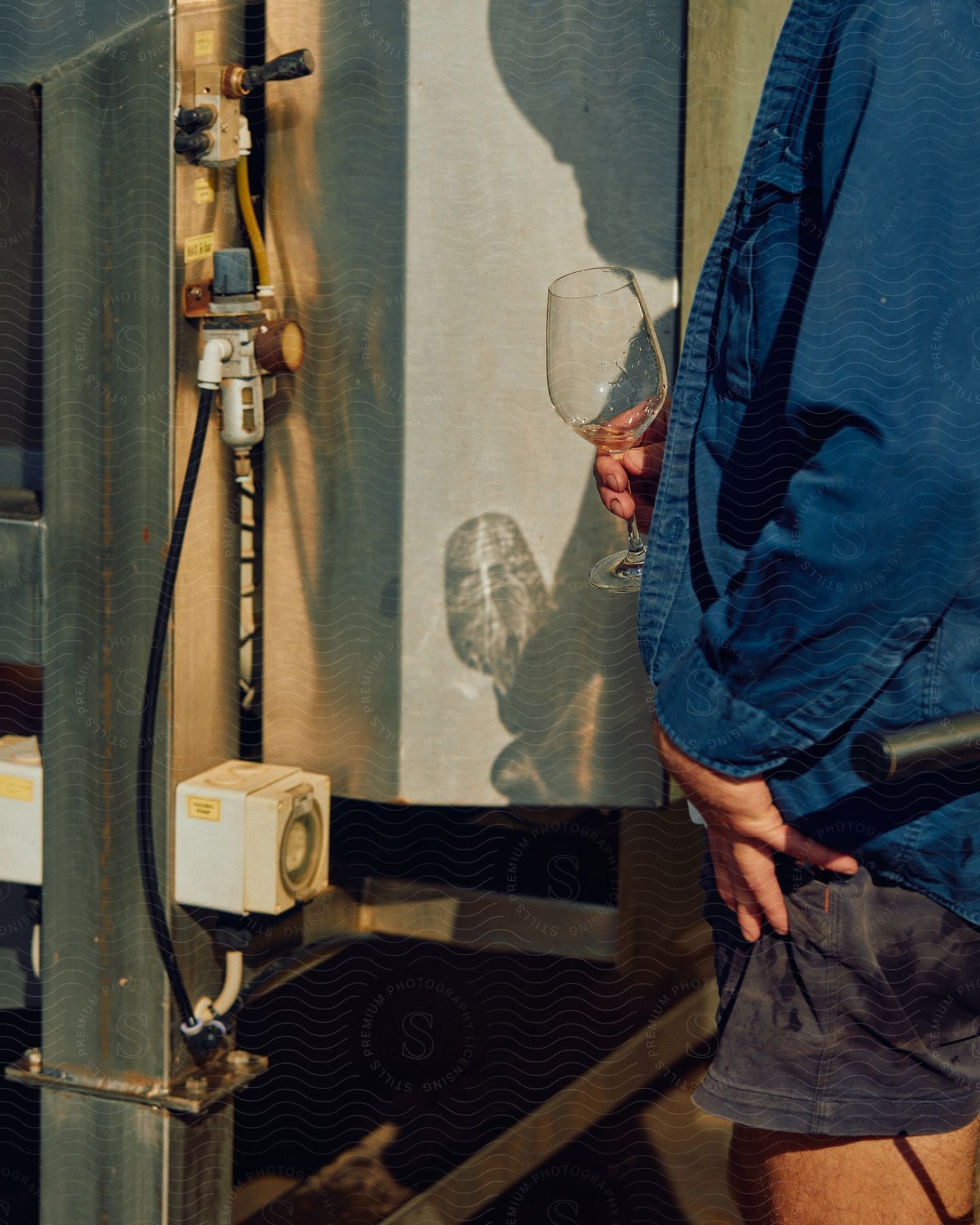 A person wearing a blue denim jacket and shorts holds an empty wine glass