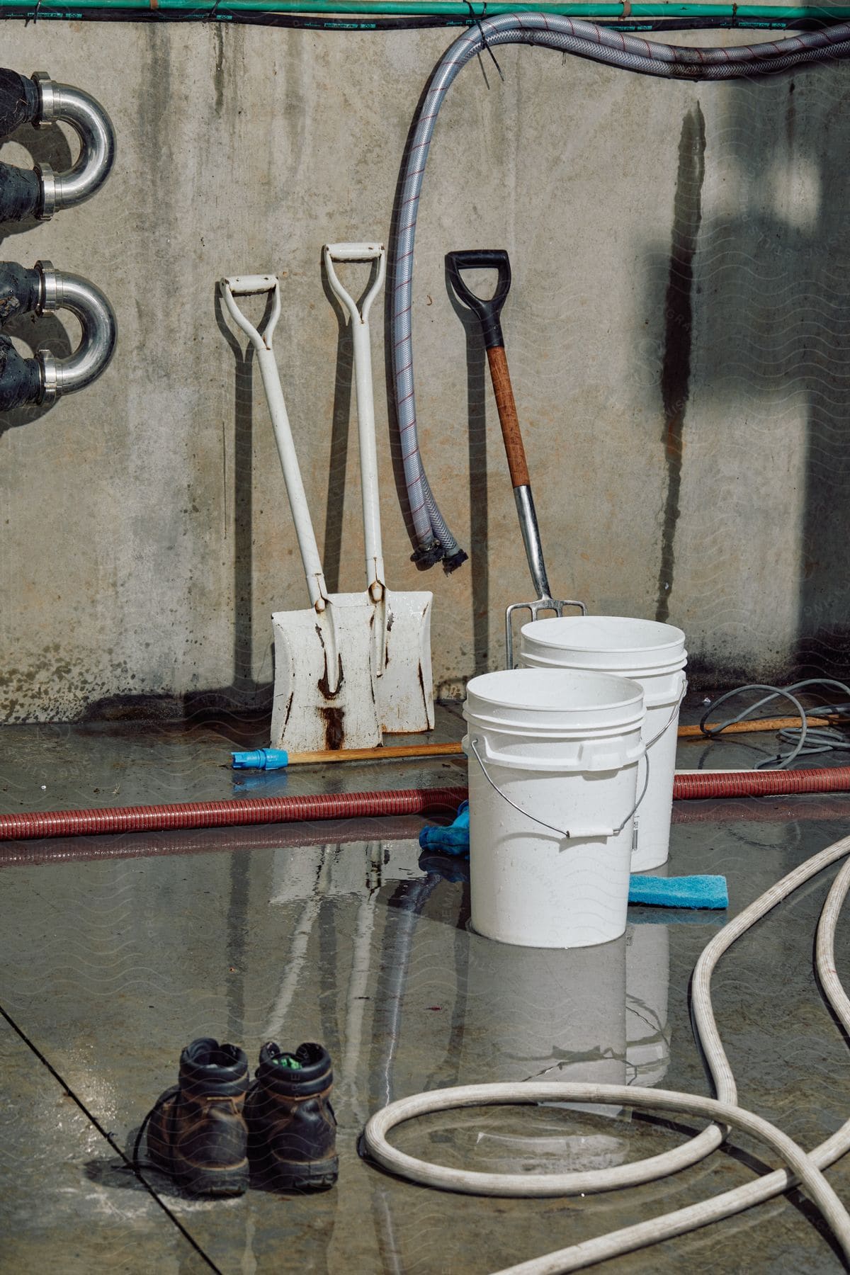 Shovels boots and hose on wet ground leaning against a wall