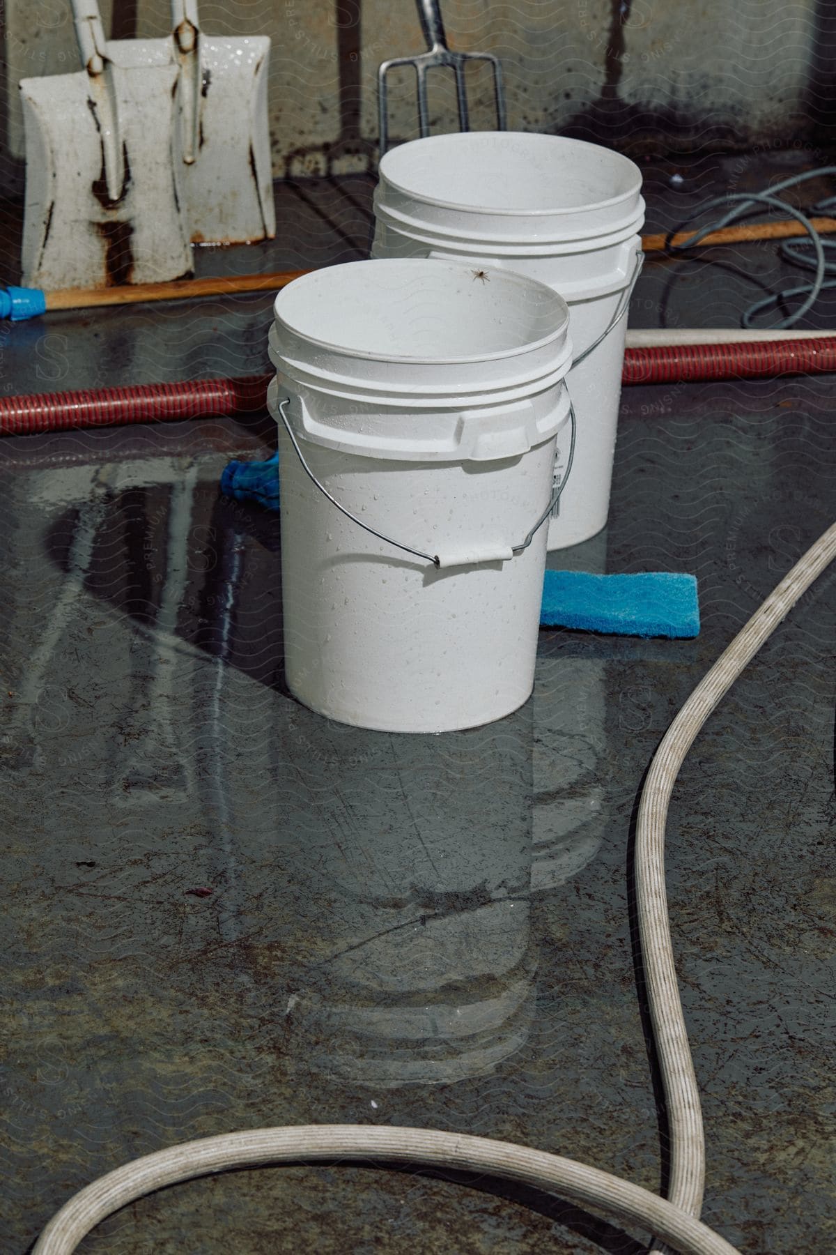 Neatly organized room with white buckets on the floor and shovels and a rake against the wall